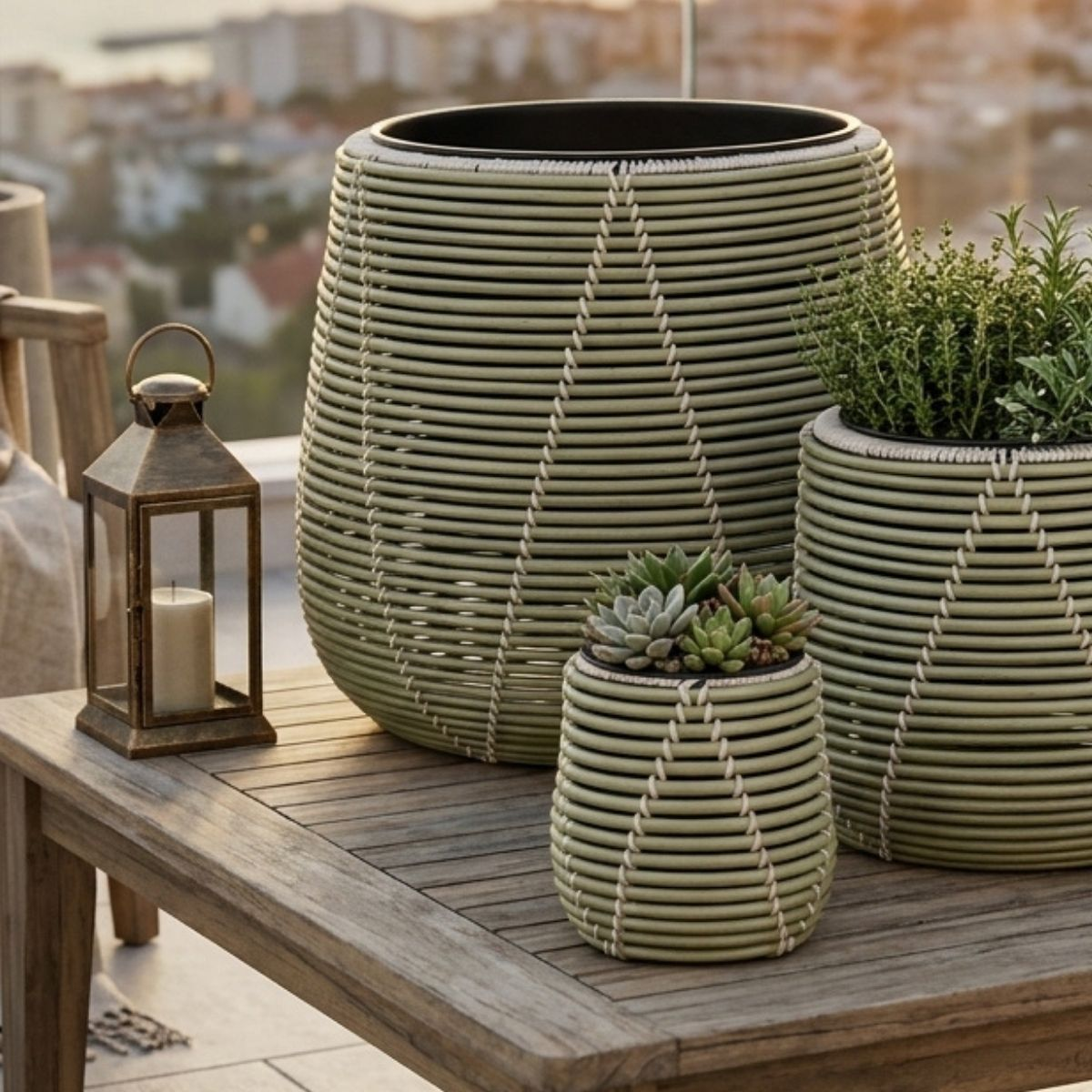 Trois jardinières vertes tressées et une lanterne reposent sur une table en bois avec un fond de ville flou.