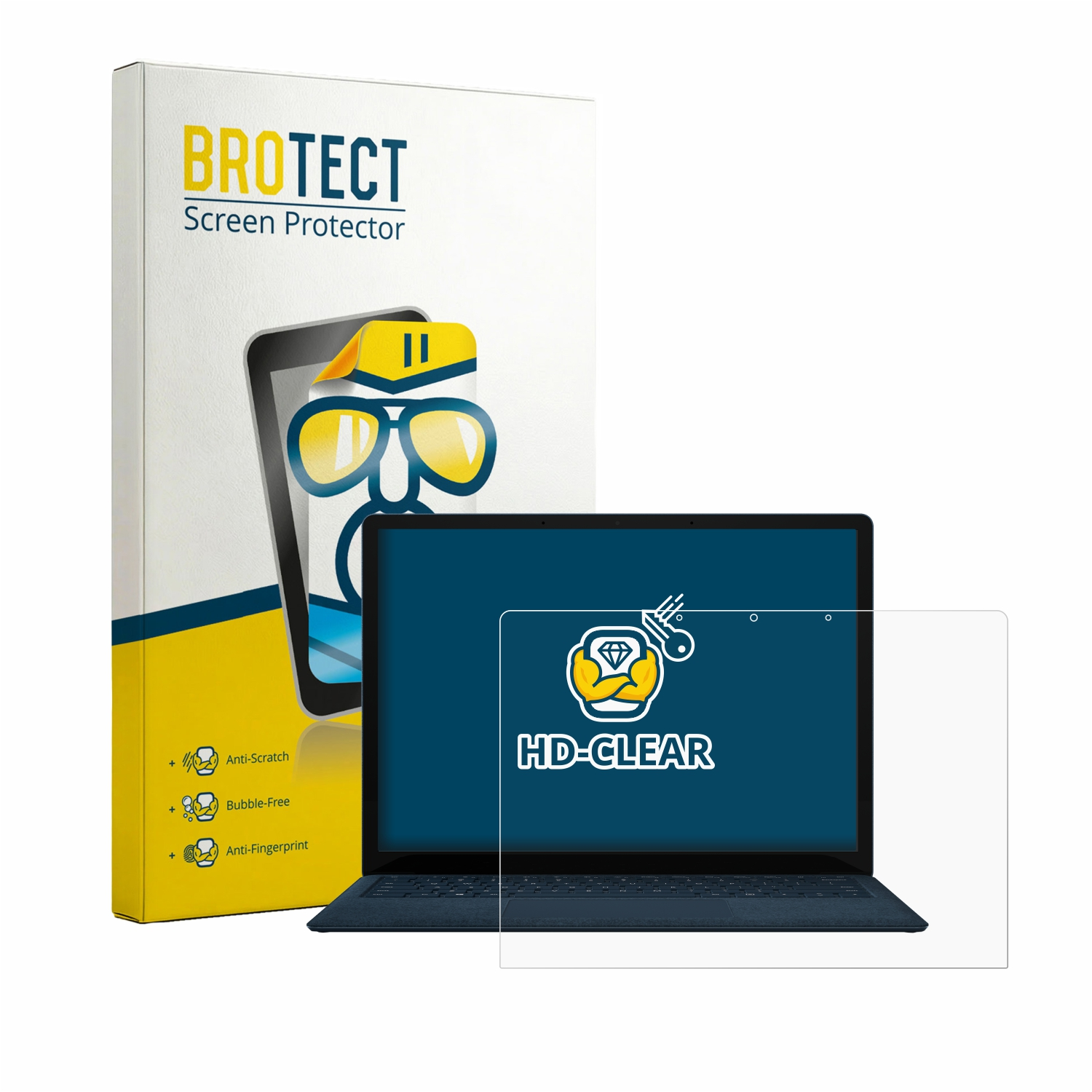 BROTECT HD-Clear Displayschutzfolie Verpackung und ein Laptop mit transparenter Folie davor.
