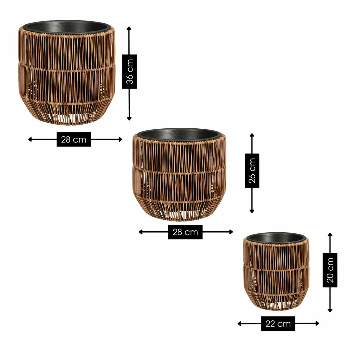 Trois pots de fleurs tressés marron avec intérieur noir, présentés avec leurs dimensions sur fond blanc.