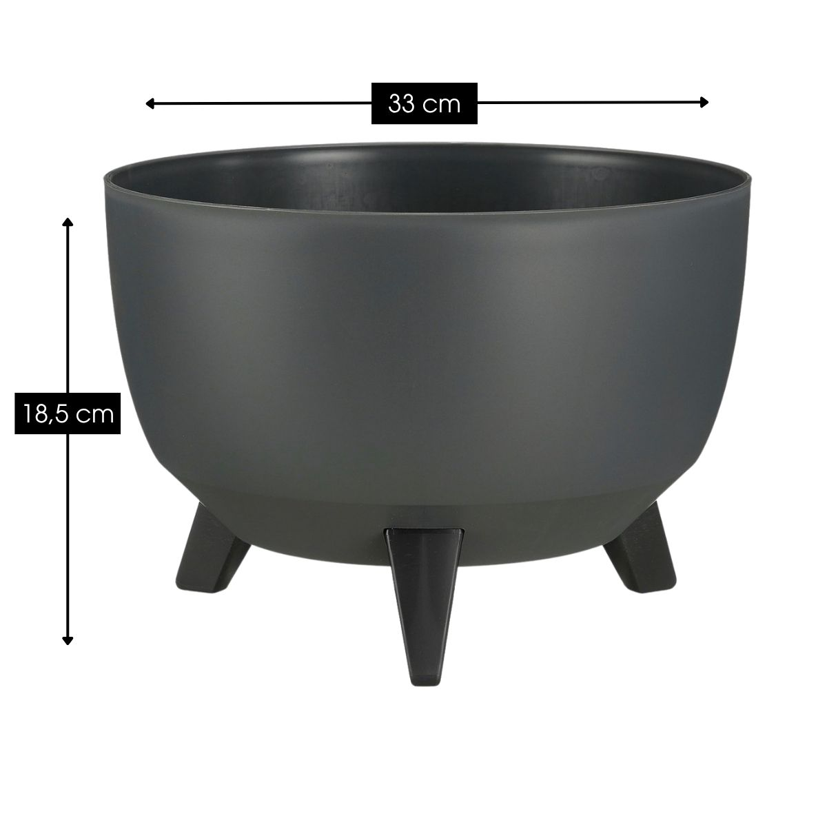 Pot de fleurs rond gris sur trois pieds avec des dimensions de 33 cm de large et 18,5 cm de haut.