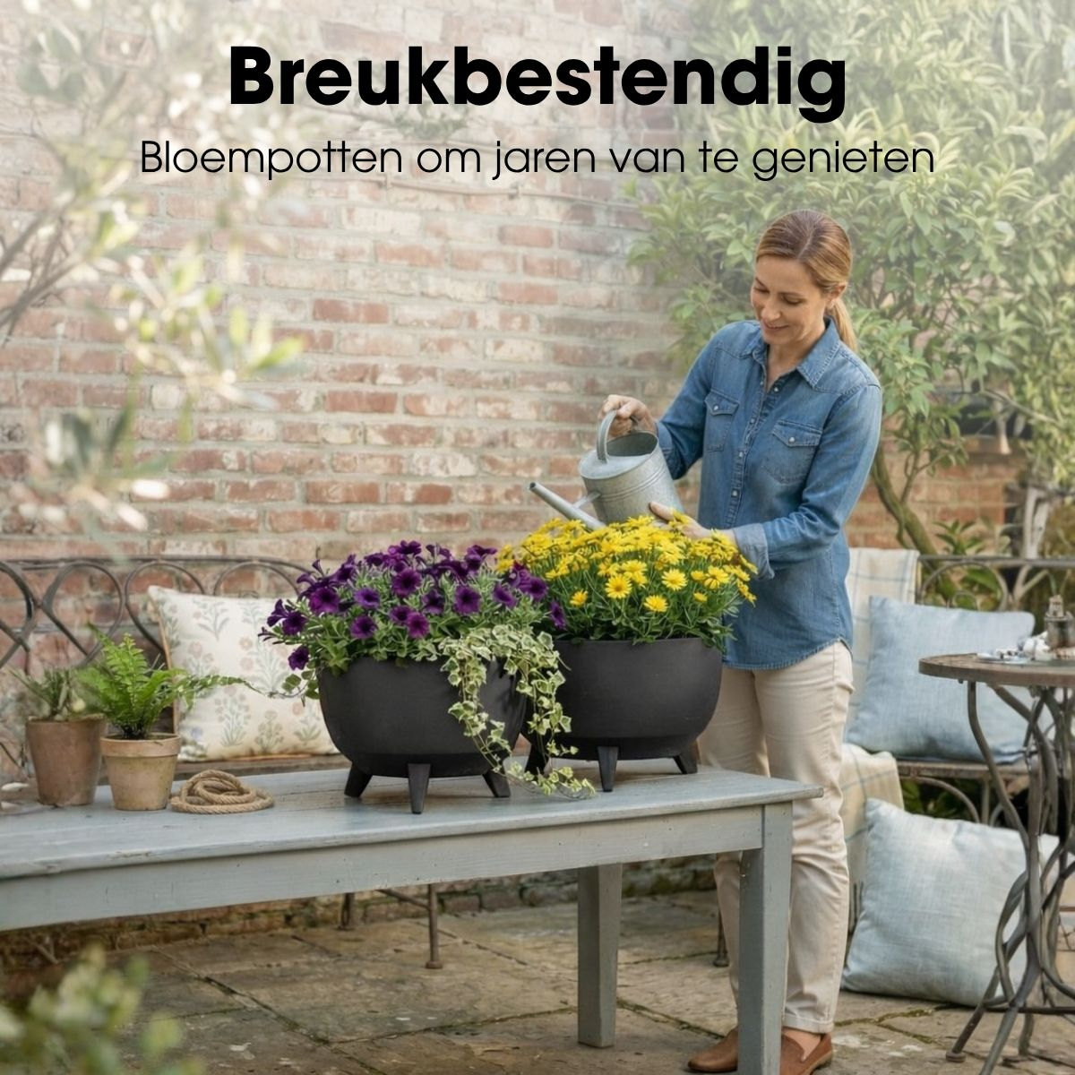 Une femme arrose des fleurs jaunes et violettes en pot sur une table dans un jardin.