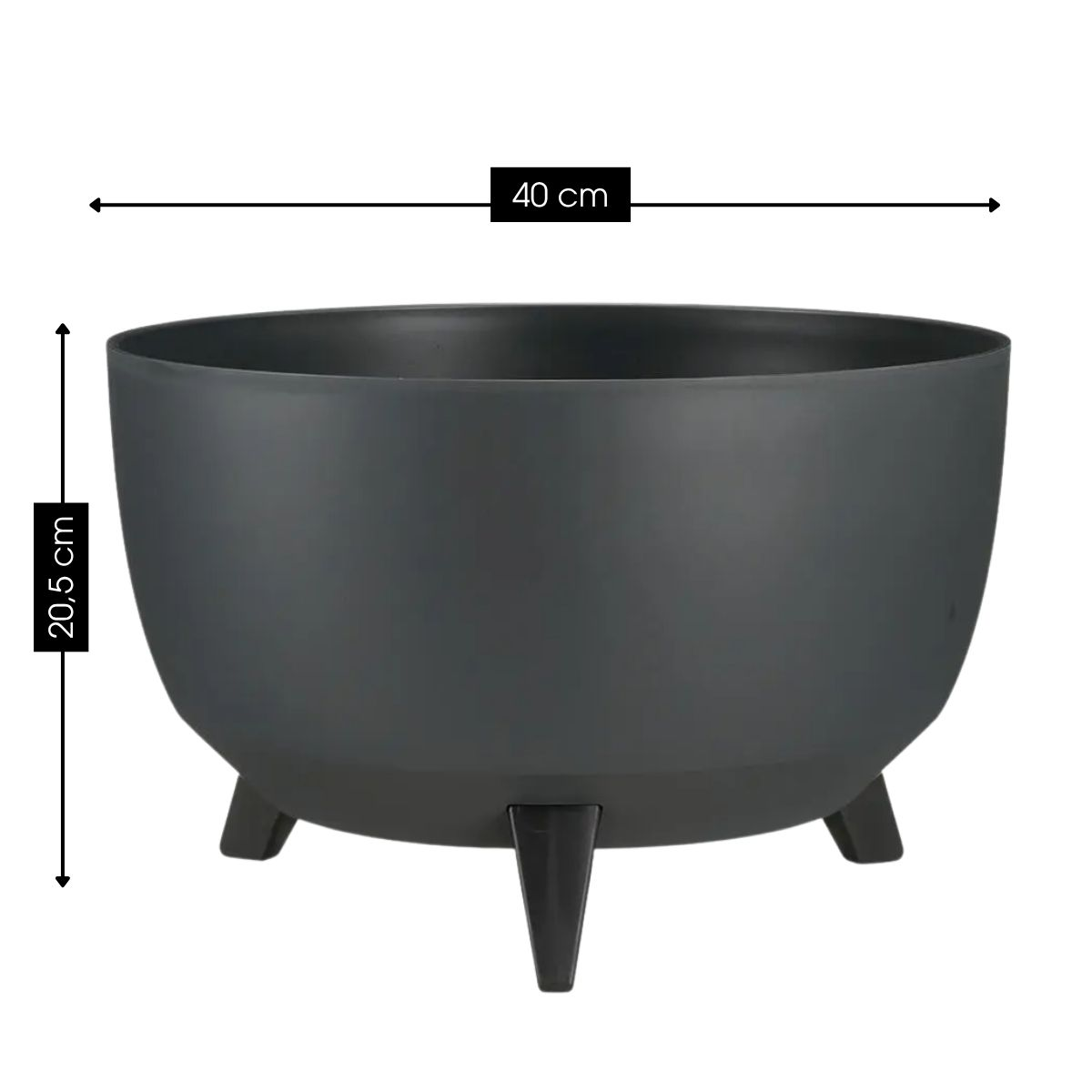 Pot de fleurs rond gris foncé à trois pieds courts, indiquant la largeur (40 cm) et la hauteur (20,5 cm).