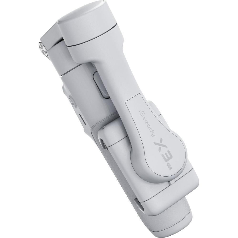 Un gimbal iSteady X3 SE bianco e piegato su sfondo bianco.