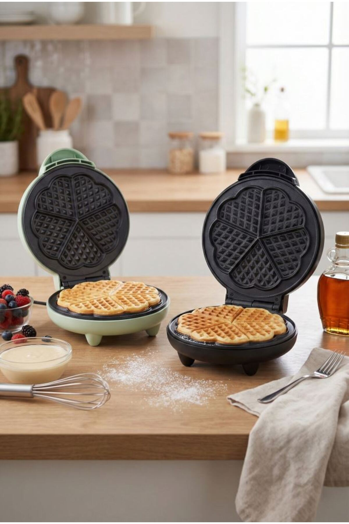 Nane yeşili ve siyah renkli iki açık waffle makinesi, taze waffle'lar, meyveler ve akçaağaç şurubu ile ahşap bir masada.