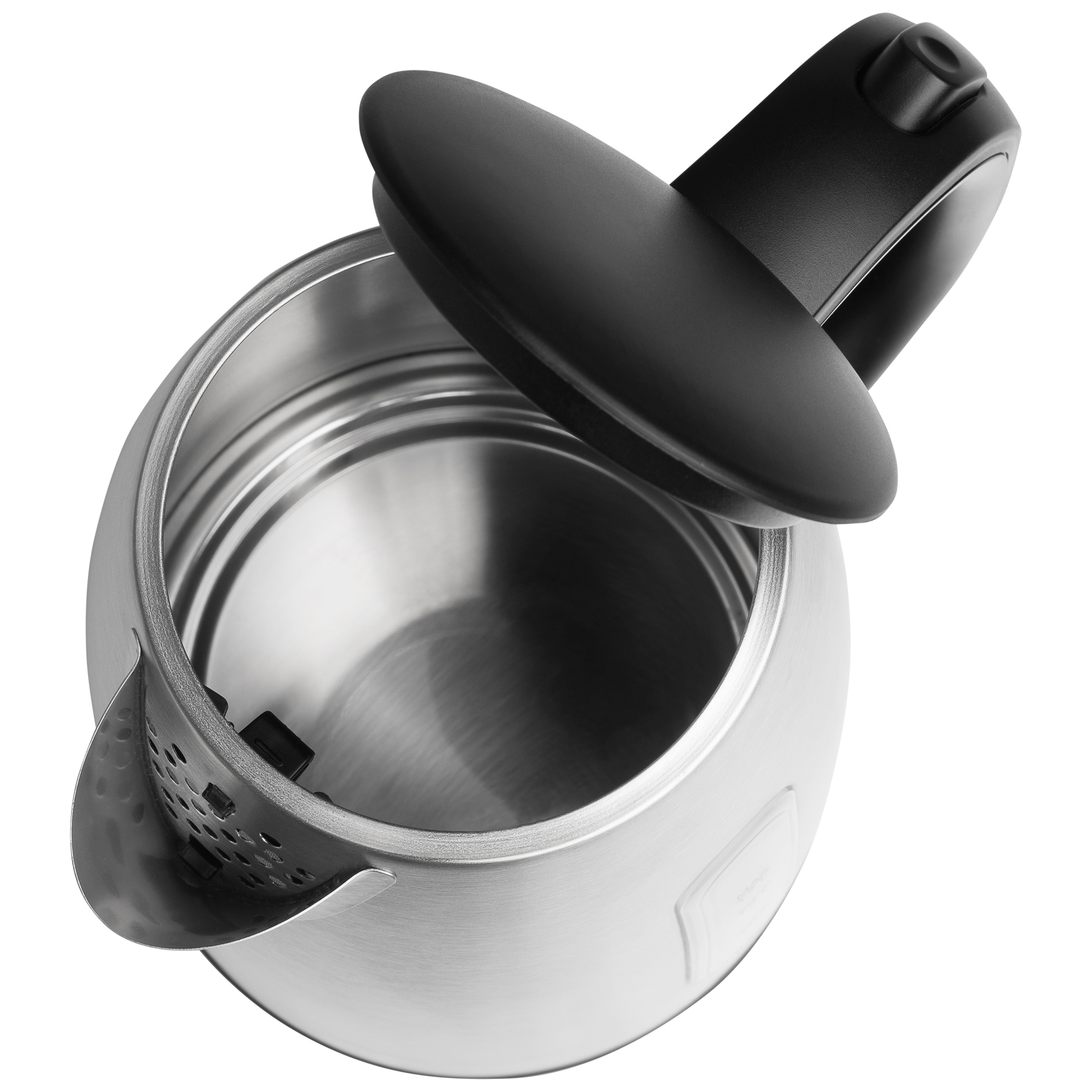 An open stainless steel electric kettle viewed from above with a black handle and lid.