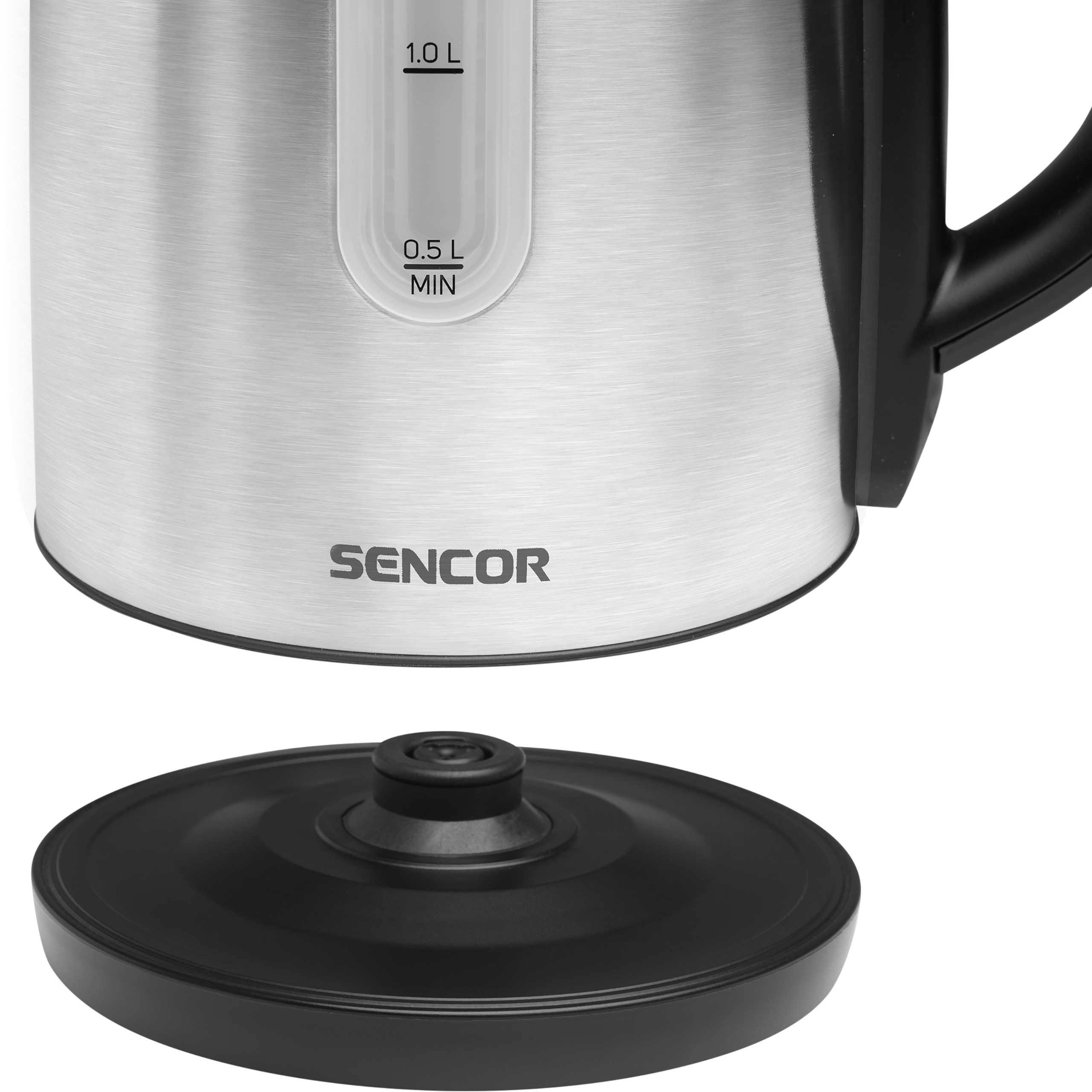 Stainless steel Sencor electric kettle with water level indicator, positioned above its black power base.