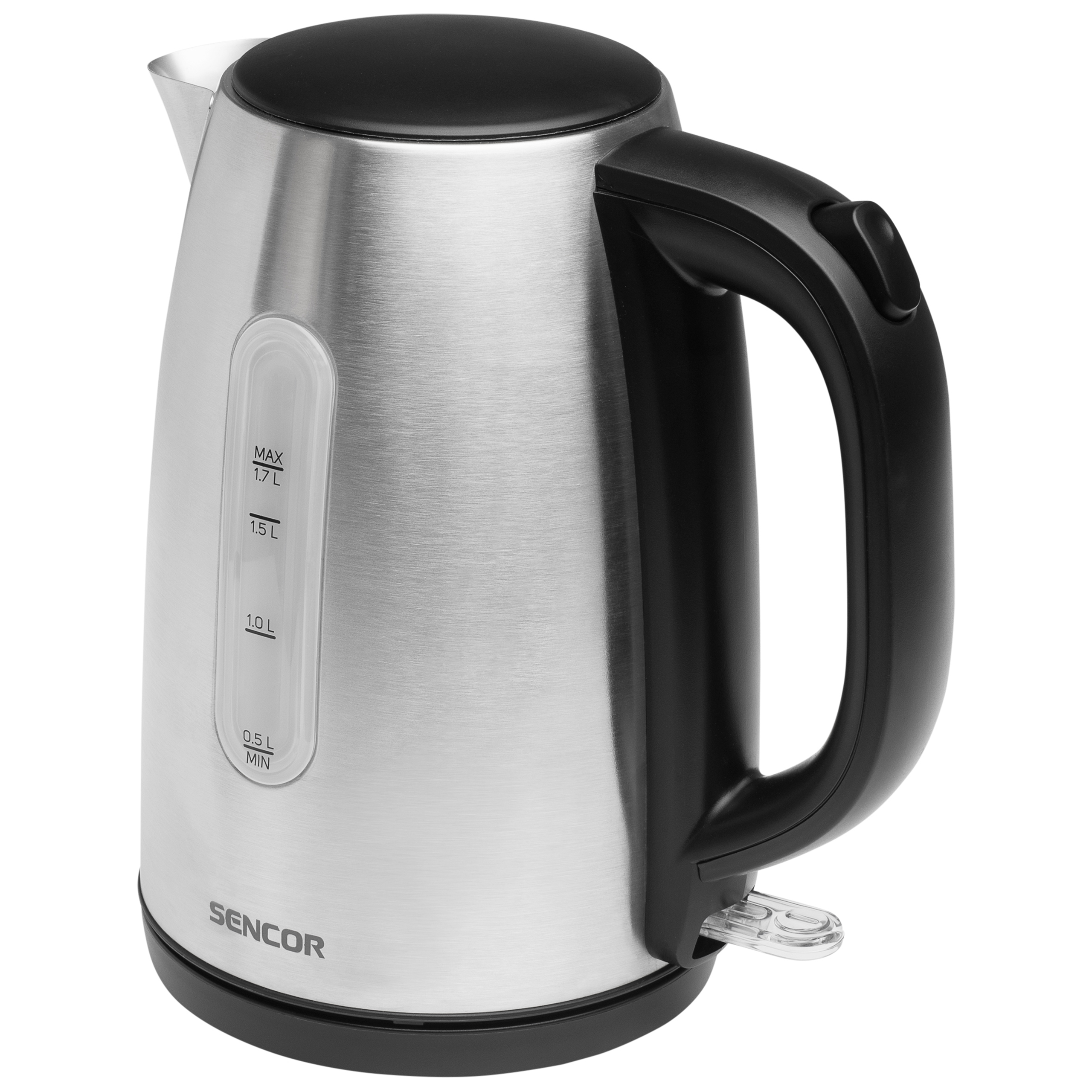 A silver electric kettle with a black handle, lid, and base, featuring a water level window and the Sencor logo.