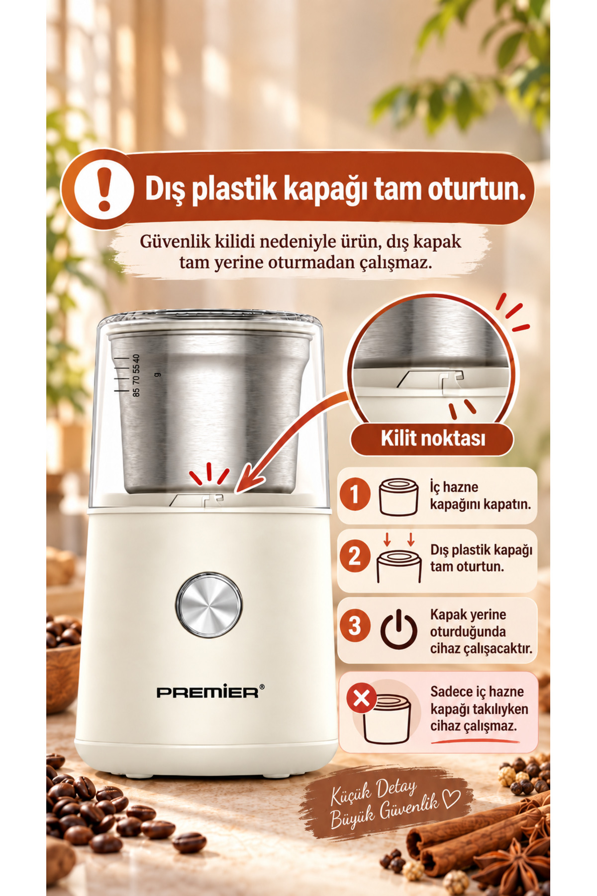 Güvenlik kilidini ve dış kapağın tam oturması gerektiğini gösteren kahve öğütücü kılavuzu.