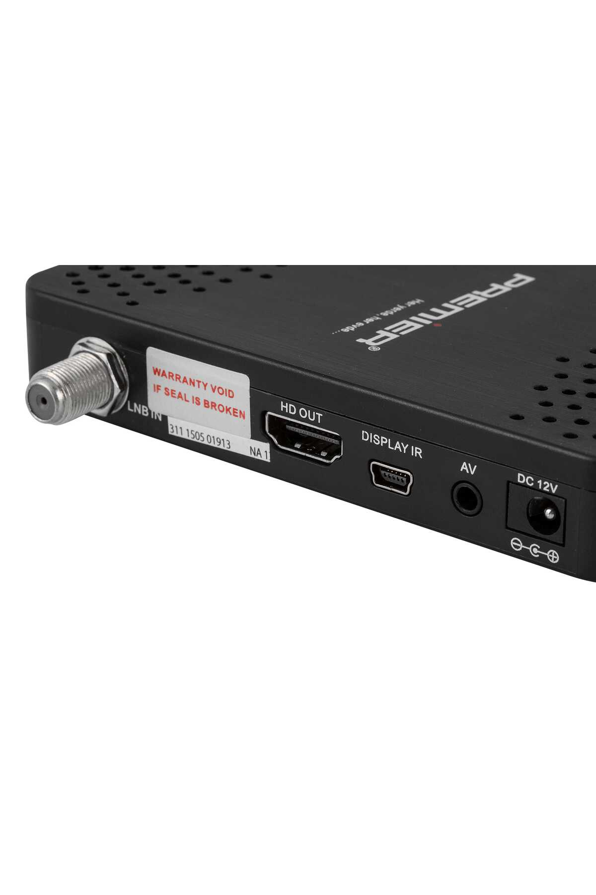 Beyaz arka planda LNB IN, HD OUT, DISPLAY IR, AV ve DC 12V bağlantı noktalarına sahip siyah bir Premier cihazın arka paneli.