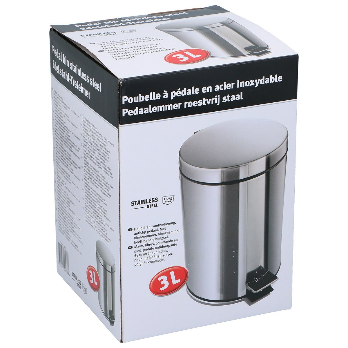 Boîte d'emballage pour une poubelle à pédale en acier inoxydable de 3L avec image du produit.