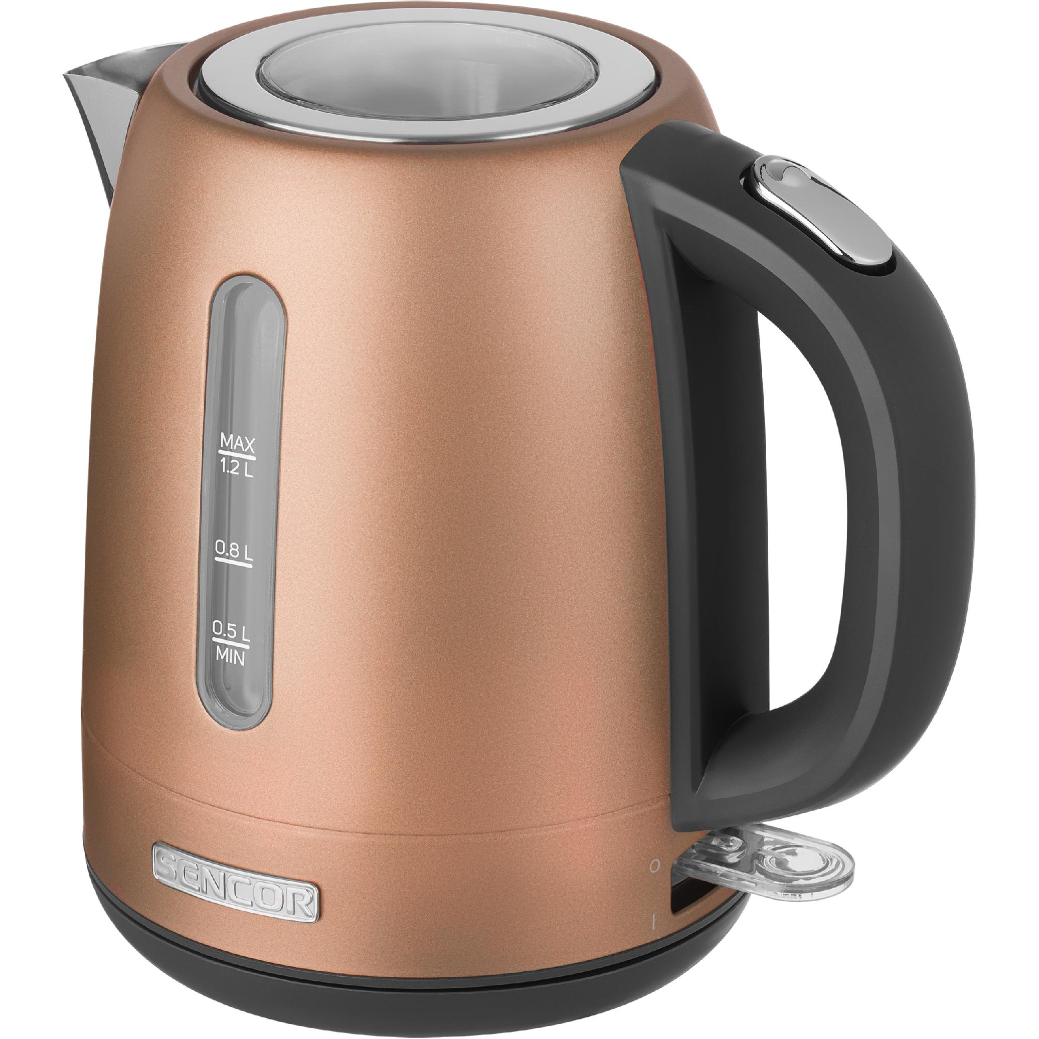 Copper-colored Sencor kettle with black handle and water level window on a white background.
