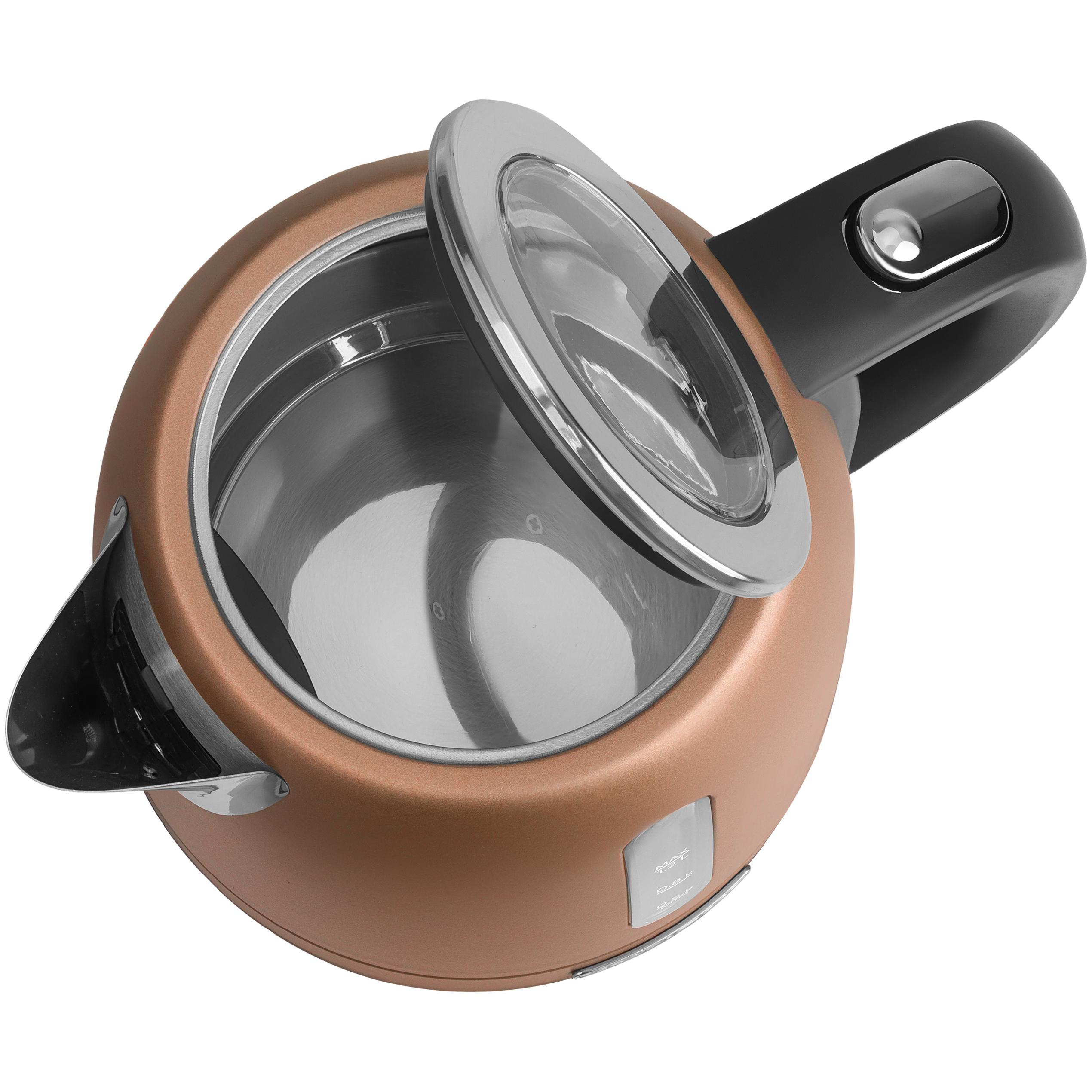 Top view of a copper electric kettle with an open glass lid and black handle.