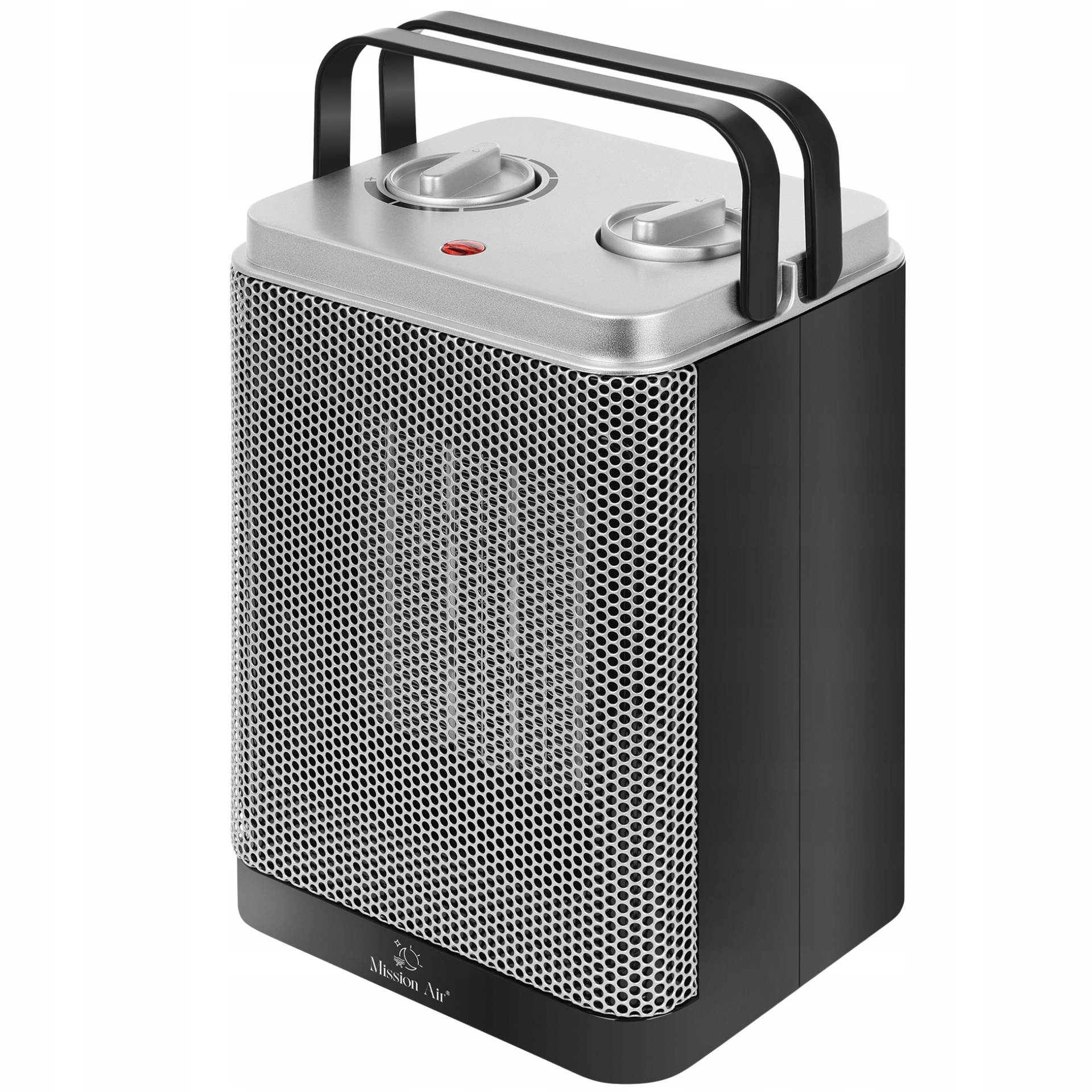 Czarno-srebrny termowentylator ceramiczny z siatką i uchwytem.