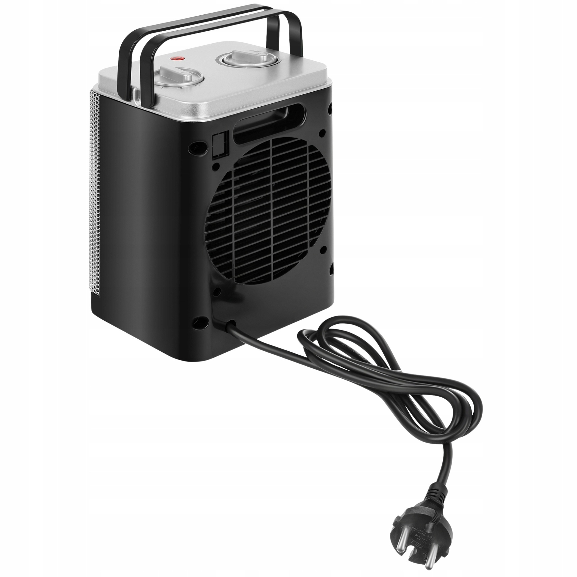 Czarno-srebrny termowentylator elektryczny z uchwytem, górnym panelem sterowania i kablem.