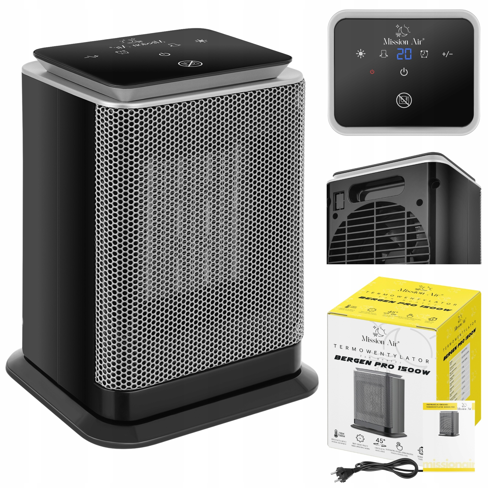 Czarny termowentylator ceramiczny z metalową kratką, dotykowym panelem i żółtym pudełkiem.