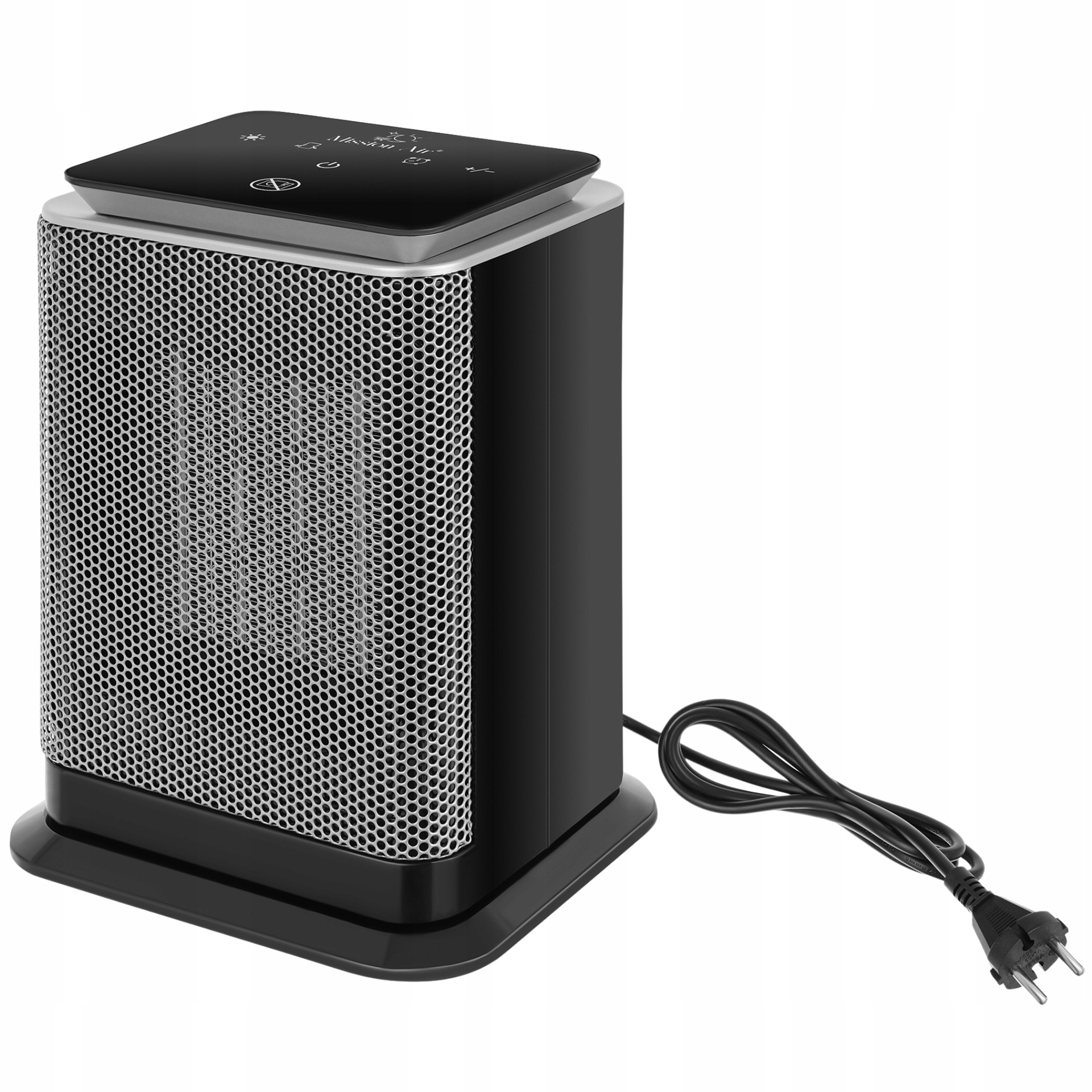Czarno-srebrny elektryczny termowentylator ceramiczny z dotykowym panelem i przewodem zasilającym.