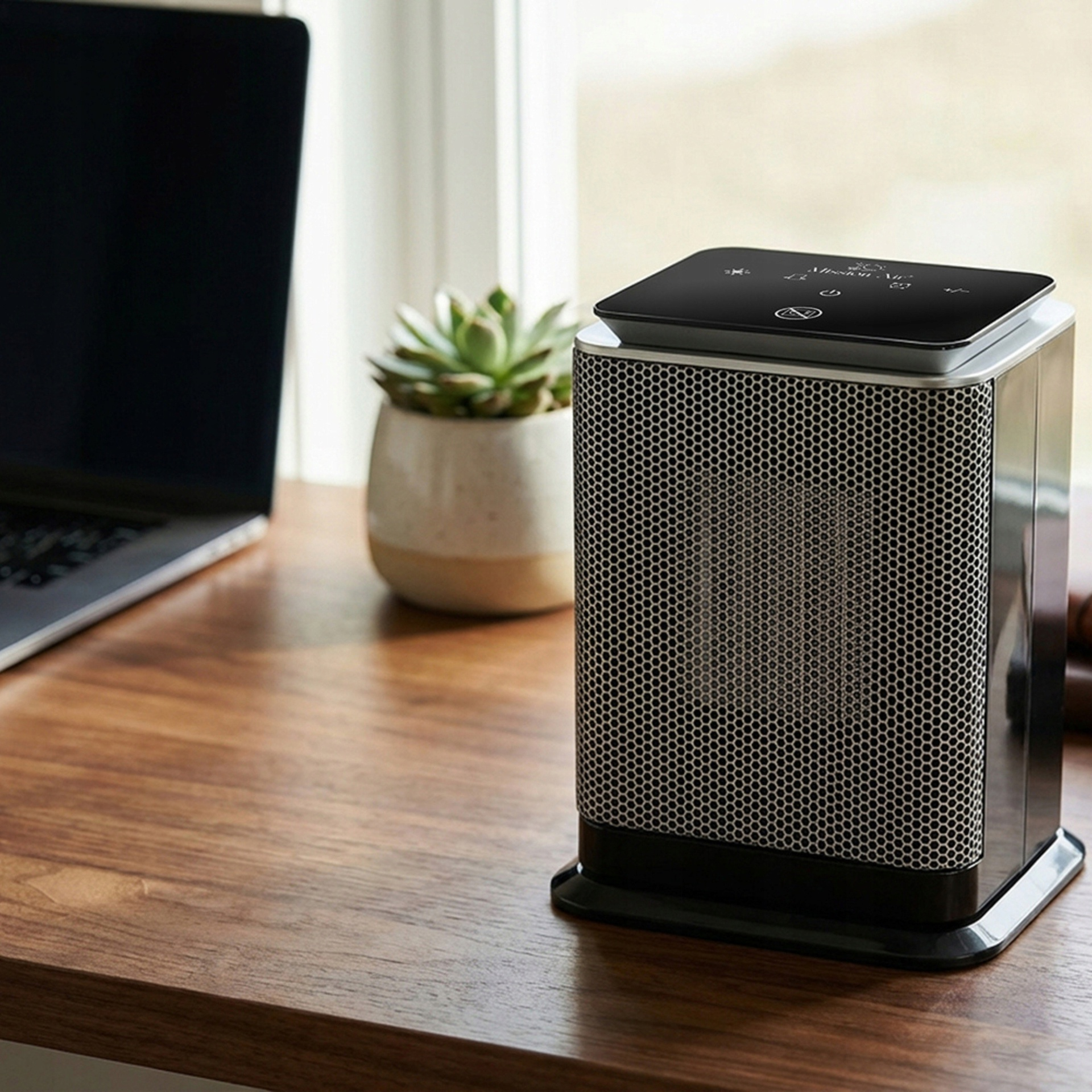 Przenośny termowentylator na drewnianym biurku obok doniczki z sukulentem i laptopa.