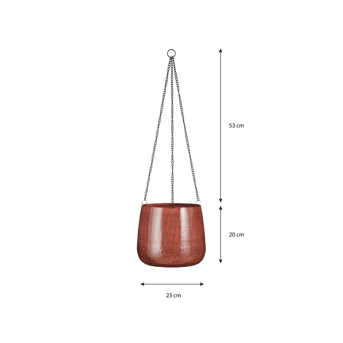 Ein brauner Hängeblumentopf mit Ketten, Maße 23 cm breit, 20 cm hoch und 53 cm Gesamthöhe.