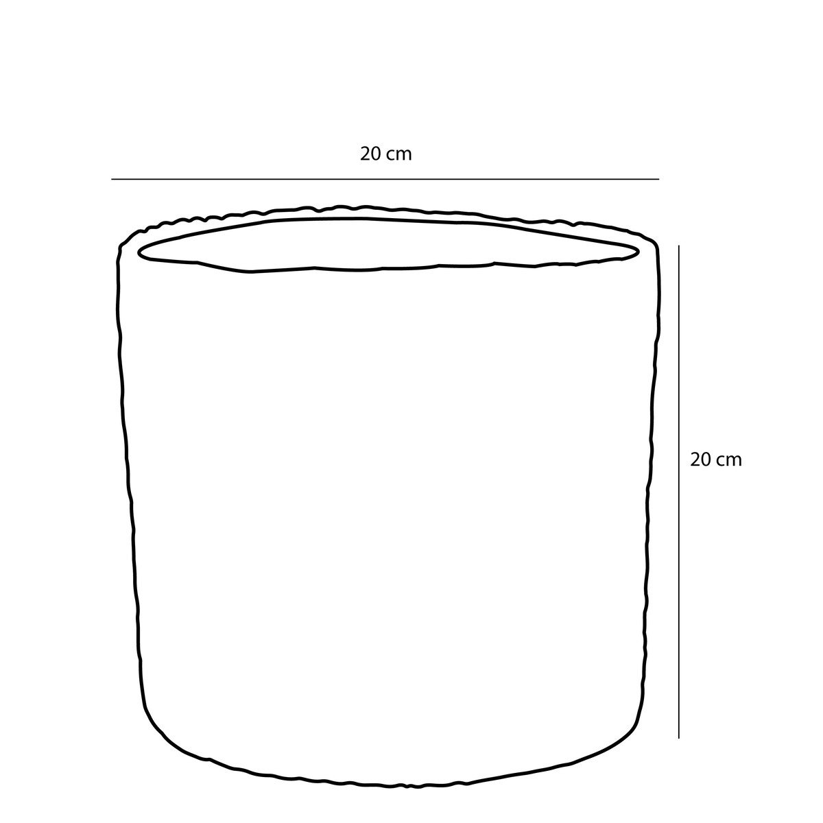 Dessin au trait d'un récipient cylindrique mesurant 20 cm de large et 20 cm de haut.