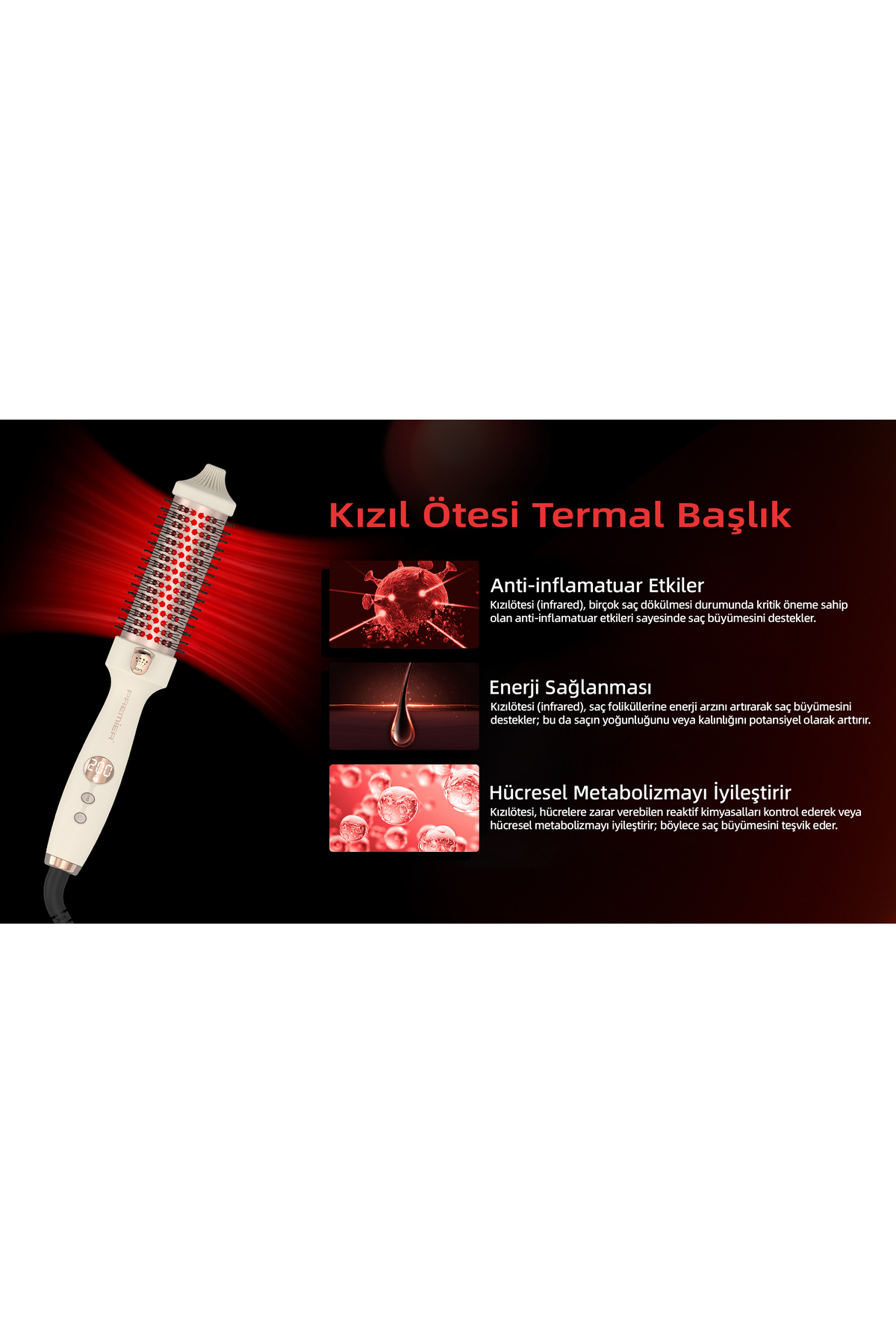 Anti-inflamatuar, enerji ve hücresel faydaları açıklayan metinli kızılötesi saç fırçası.