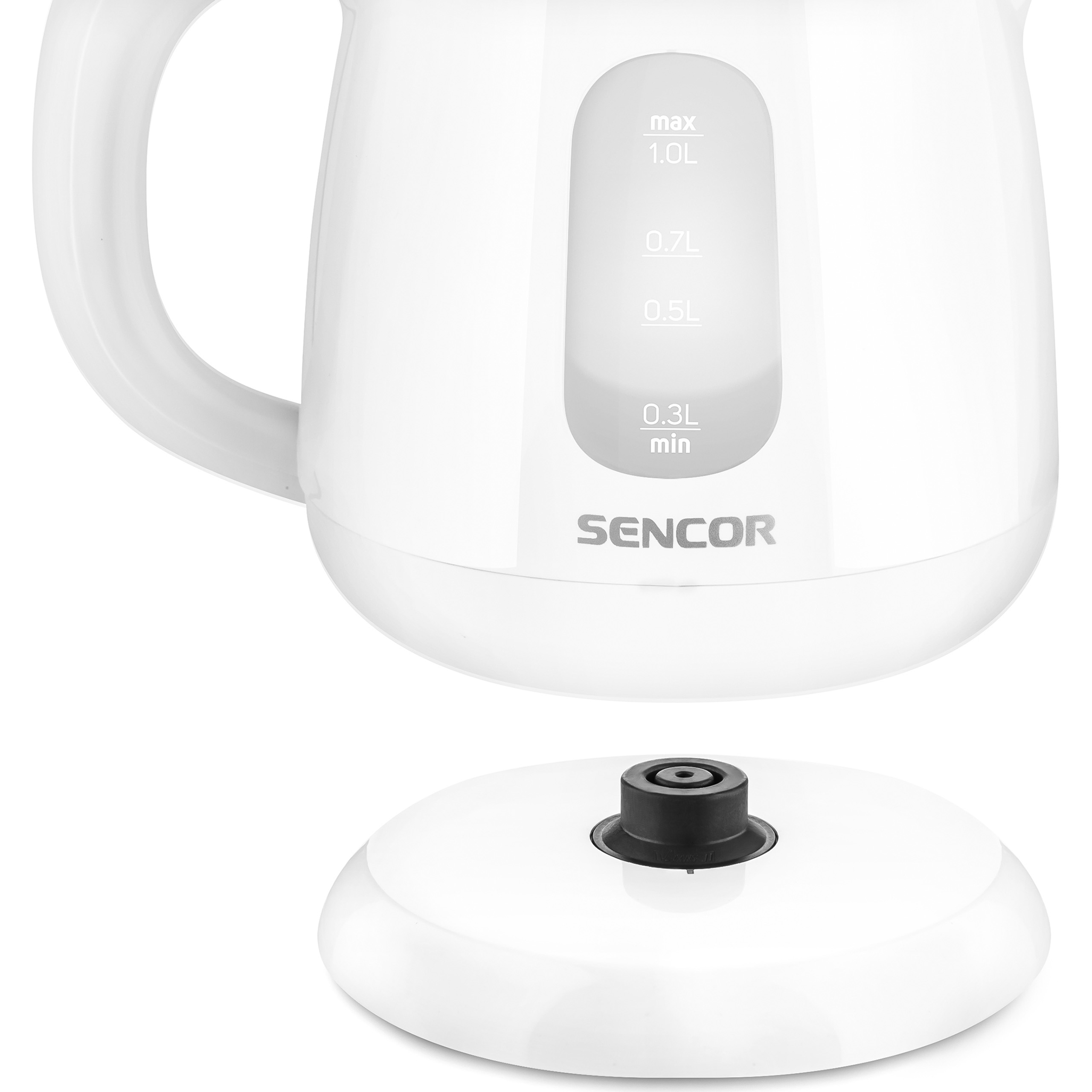 Un hervidor eléctrico blanco Sencor sobre su base redonda.