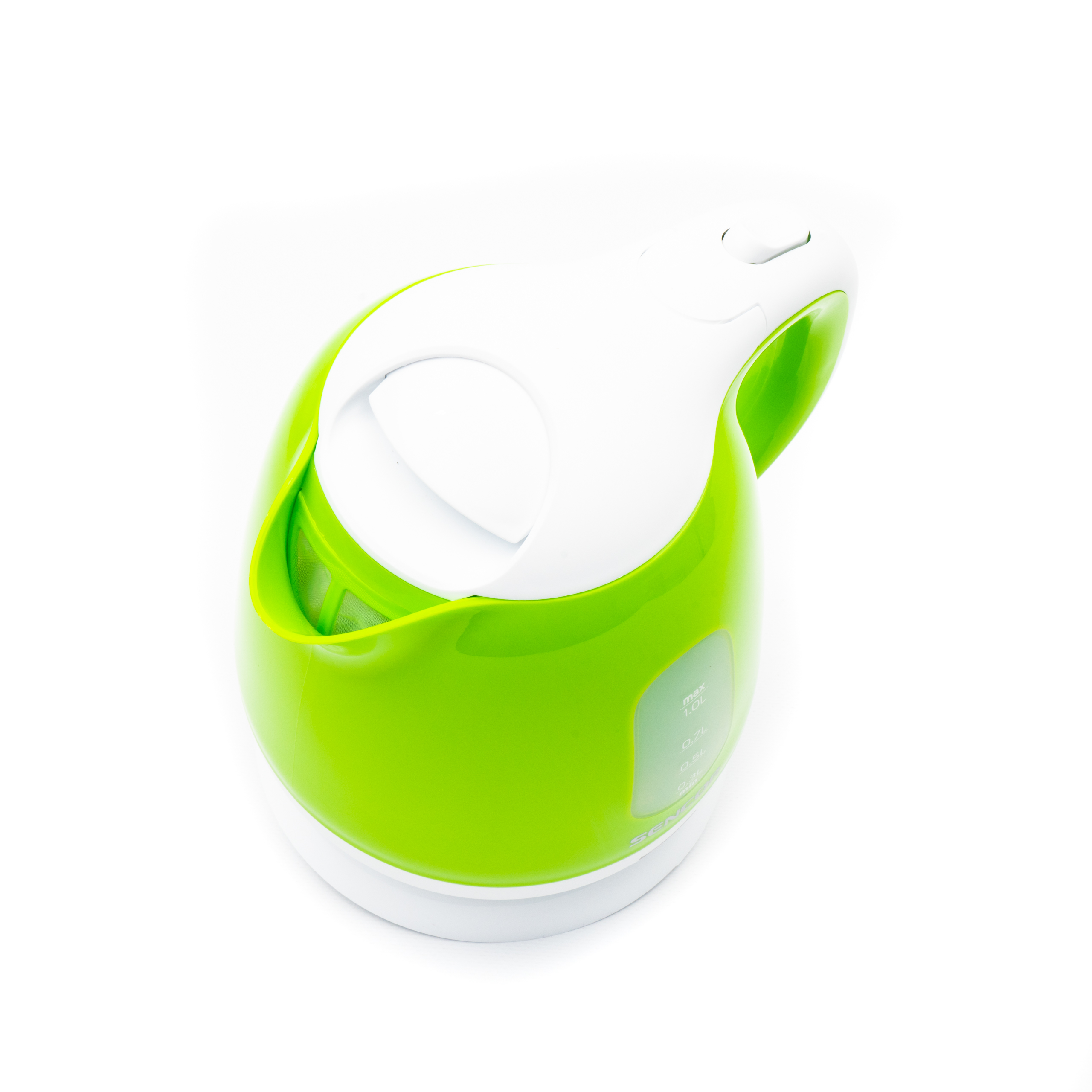 A bright green and white electric kettle on a white background, viewed from above.