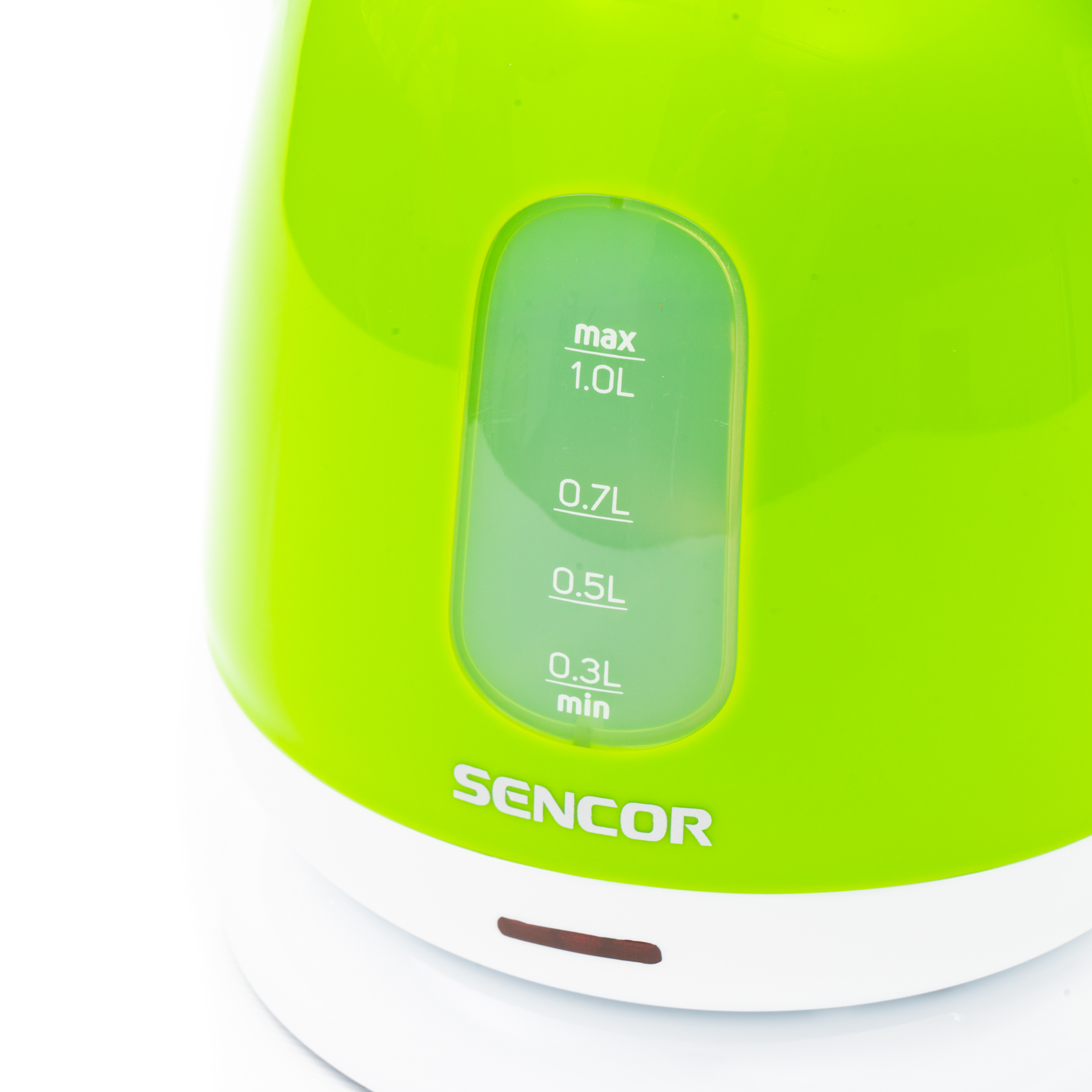 Green Sencor kettle with water level gauge in liters and a white base.