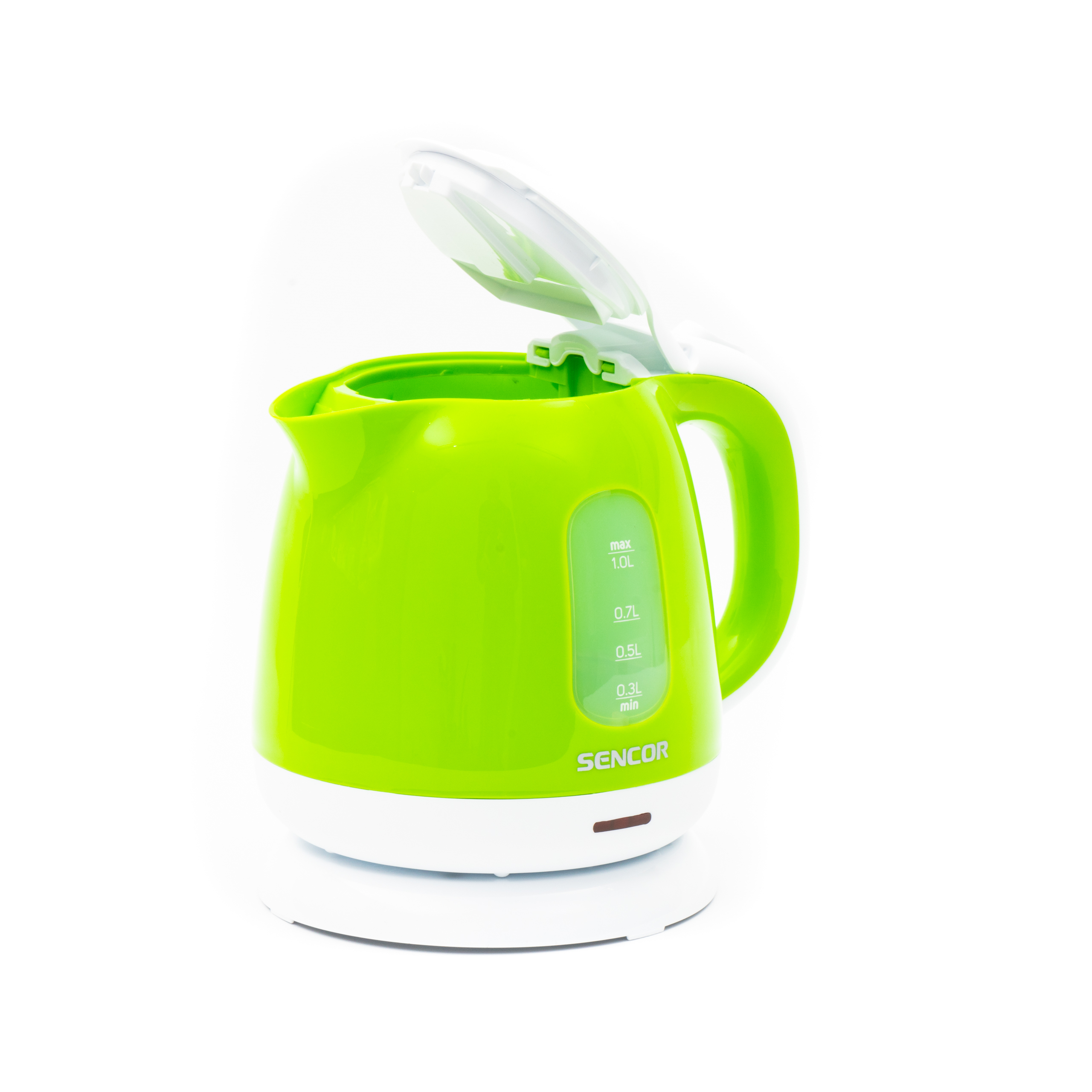 Green Sencor electric kettle with an open lid on a white base against a white background.