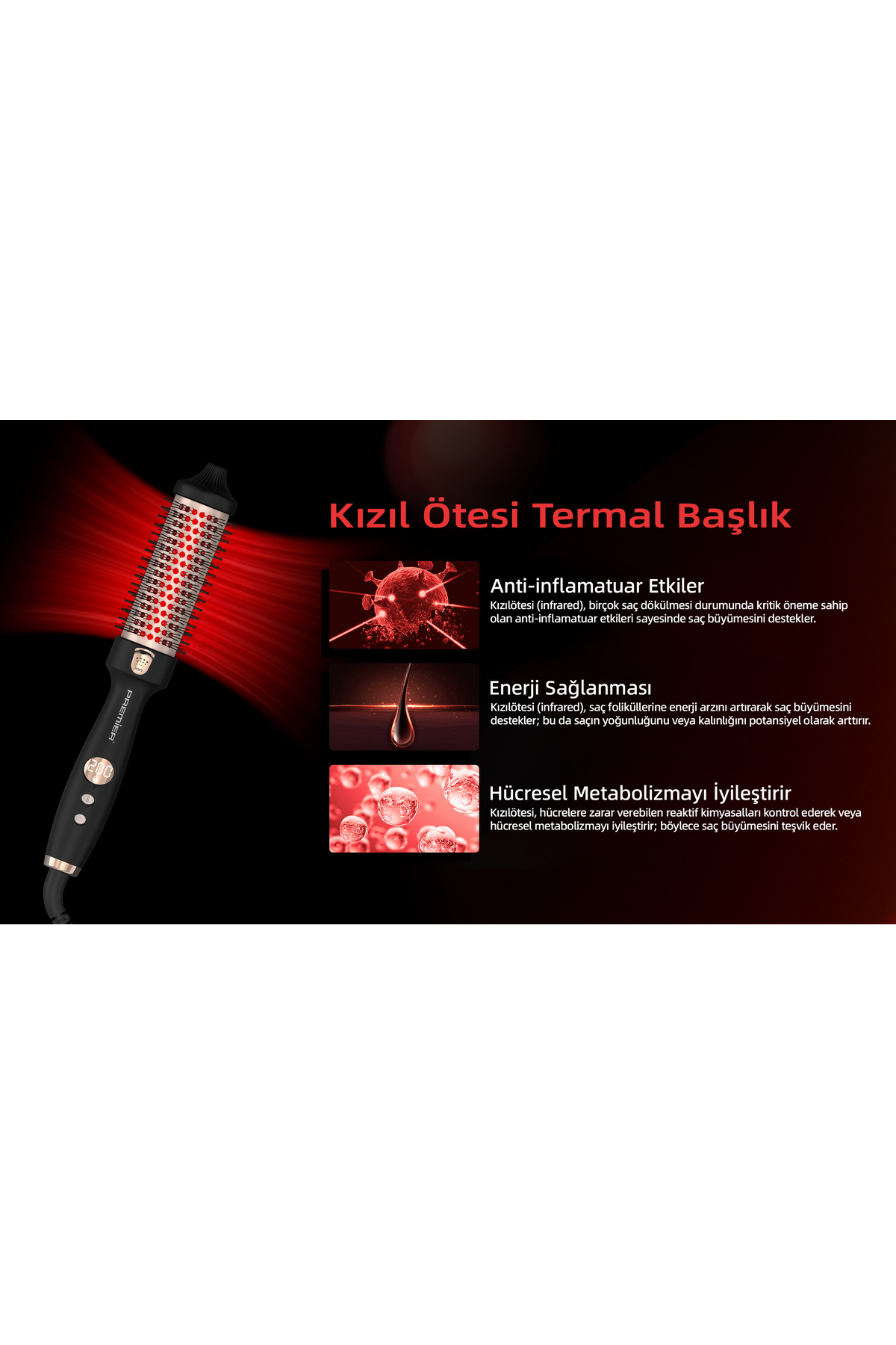 Siyah arka planda etkilerinin açıklamasıyla kızılötesi saç fırçası ürün reklamı.