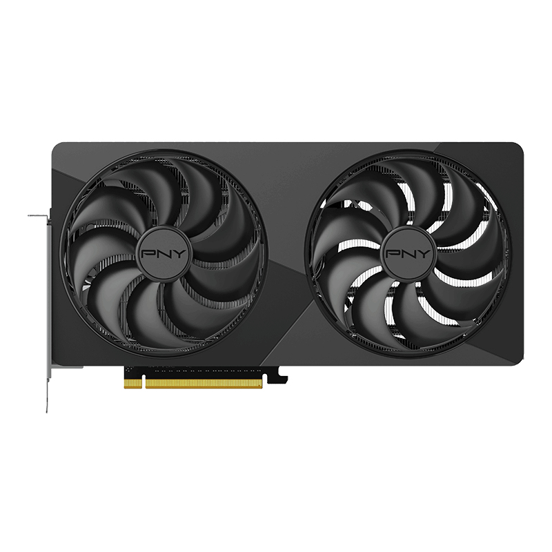 Una scheda grafica PNY nera con due grandi ventole di raffreddamento e un connettore PCIe.