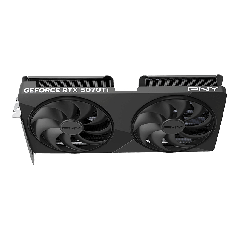 Scheda grafica nera PNY GeForce RTX 5070 Ti con due ventole e alette di raffreddamento su sfondo bianco.