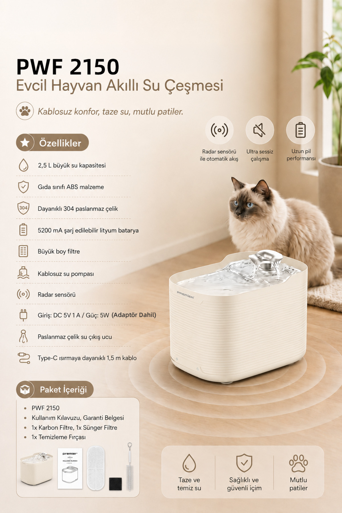 Yanında bir kedi bulunan bej renkli akıllı evcil hayvan su çeşmesi ve özellik simgeleri.