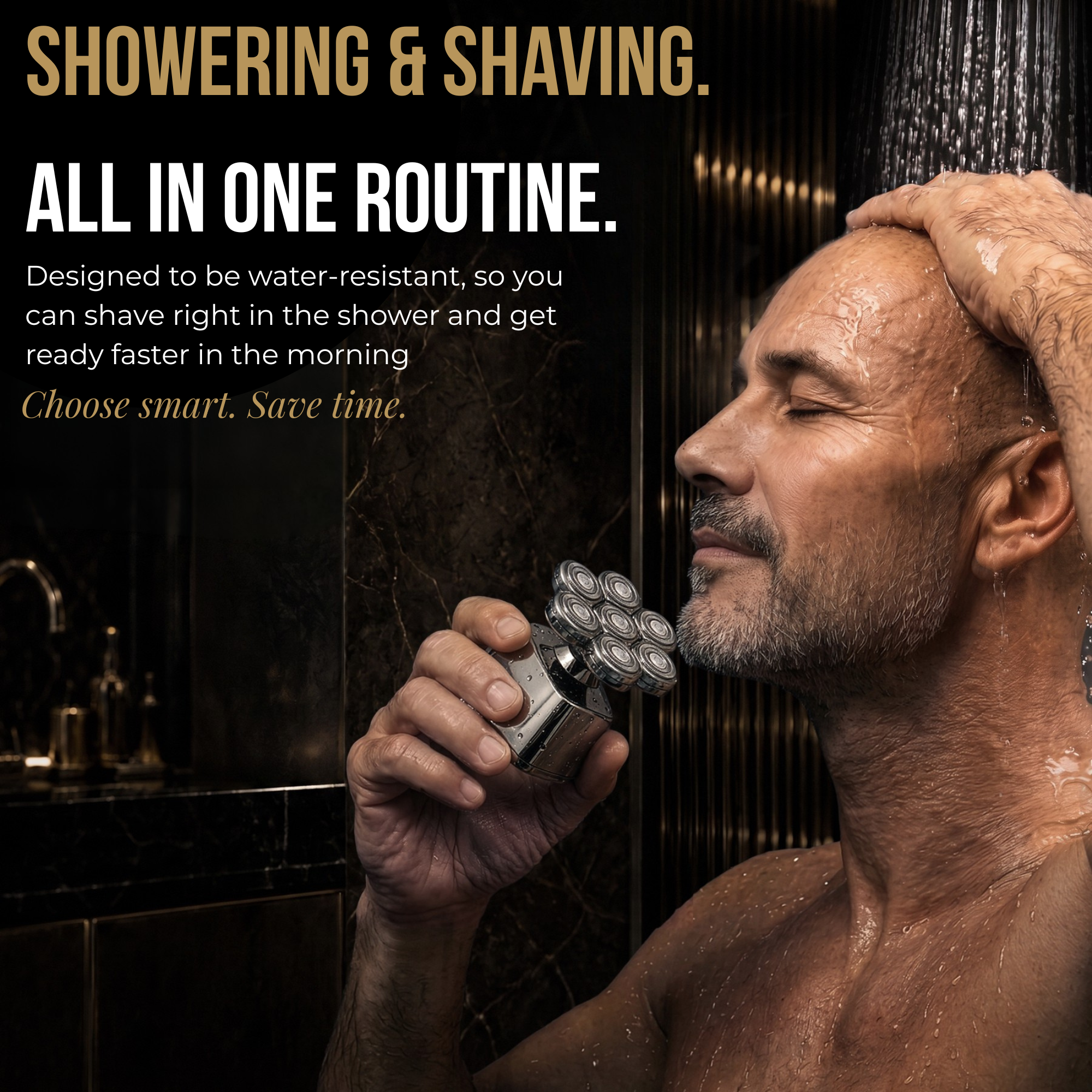 A man shaving his beard with an electric razor while taking a shower under running water.