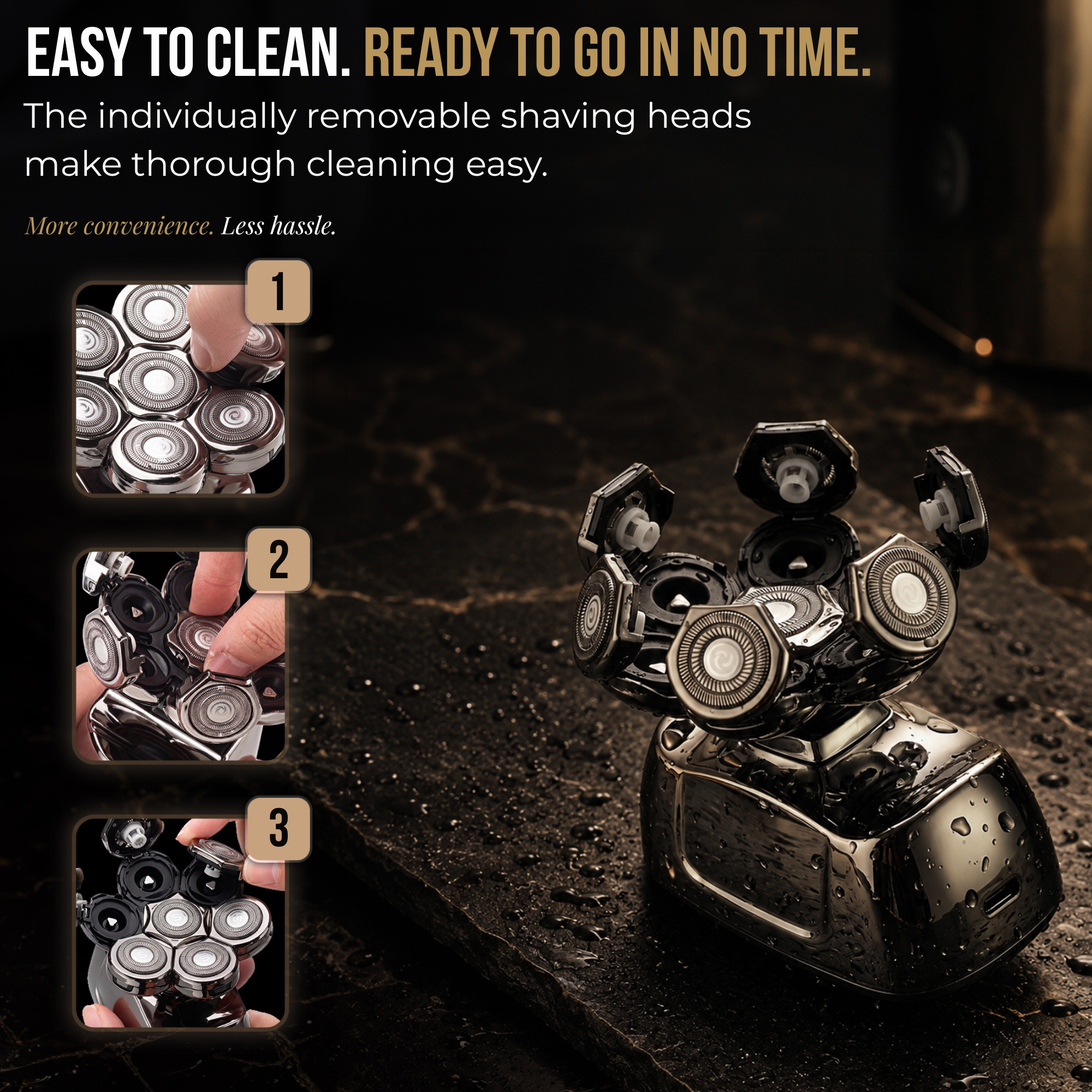 A shaver with removable heads on a dark wet surface, with three cleaning steps shown in insets on the left.
