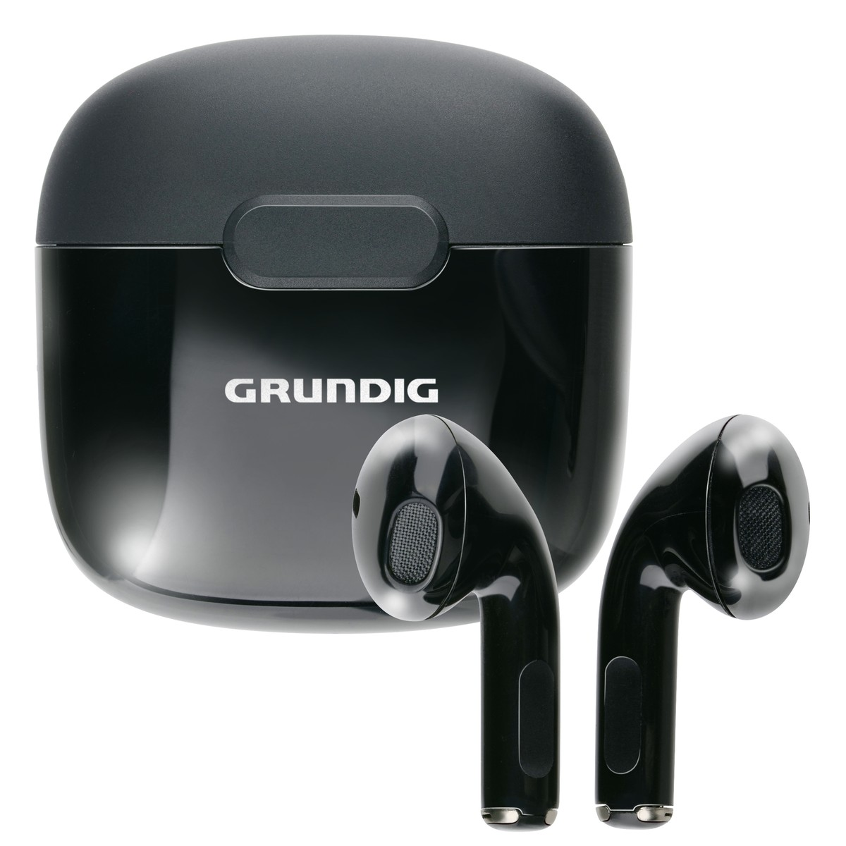 Schwarze Grundig Bluetooth-Kopfhörer mit Ladecase vor weißem Hintergrund.
