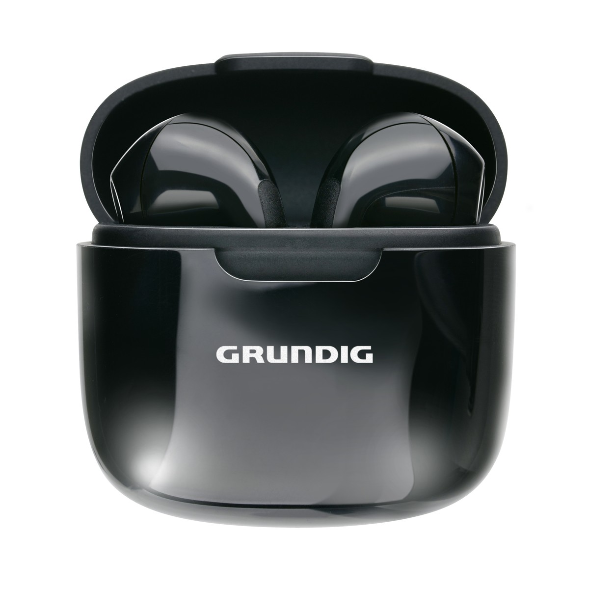 Glänzende schwarze Grundig Bluetooth-Kopfhörer in ihrer offenen Ladebox auf weißem Hintergrund.