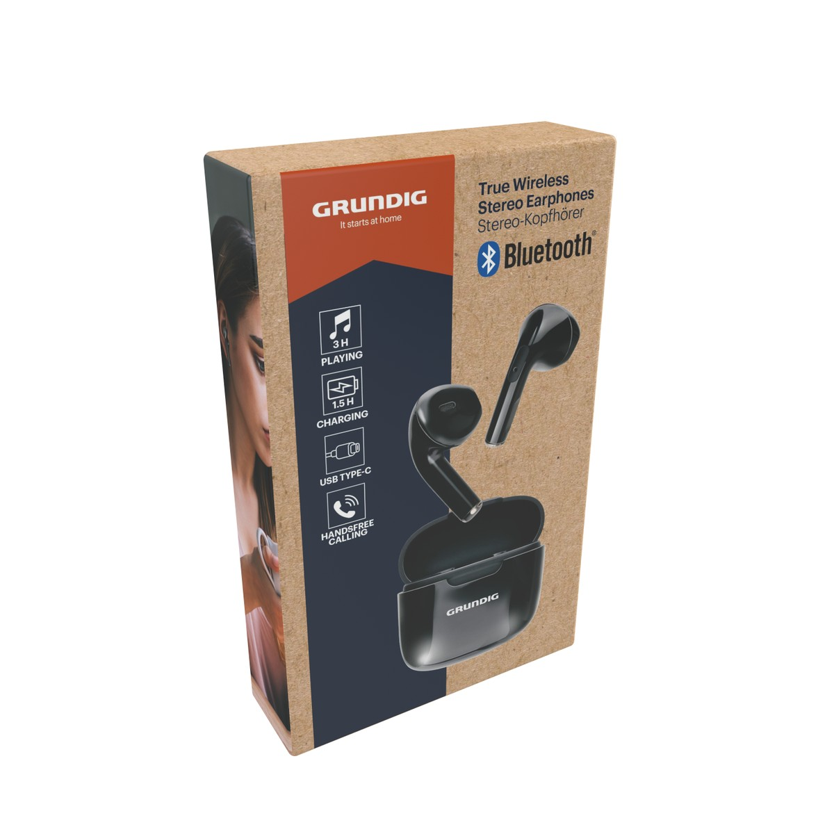 Grundig Bluetooth-Kopfhörer-Verpackung aus Karton mit Produktbildern und technischen Details.