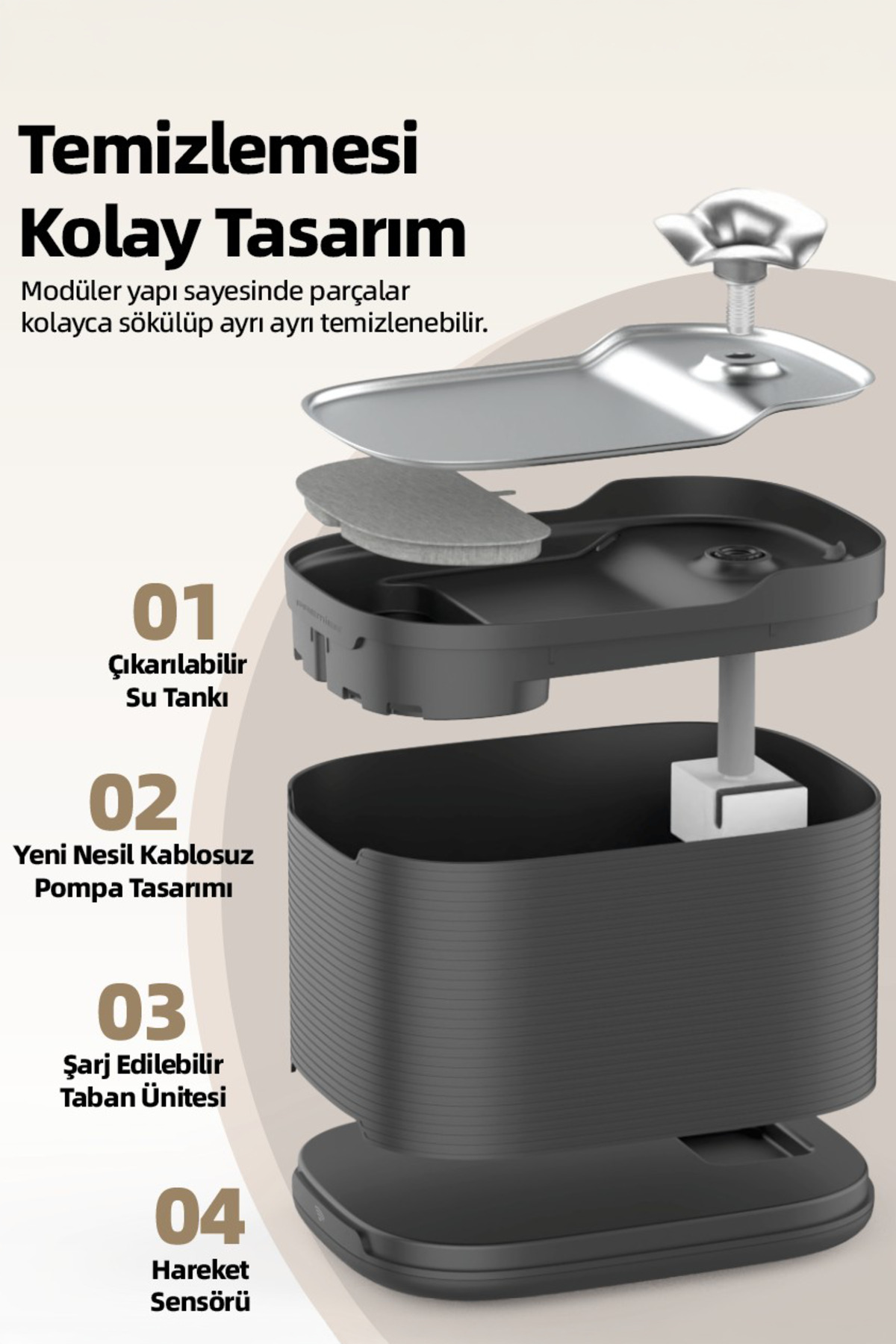 Türkçe metin içeren, dört çıkarılabilir parçadan oluşan kabellu evcil hayvan su pınarının patlatılmış görünümü.