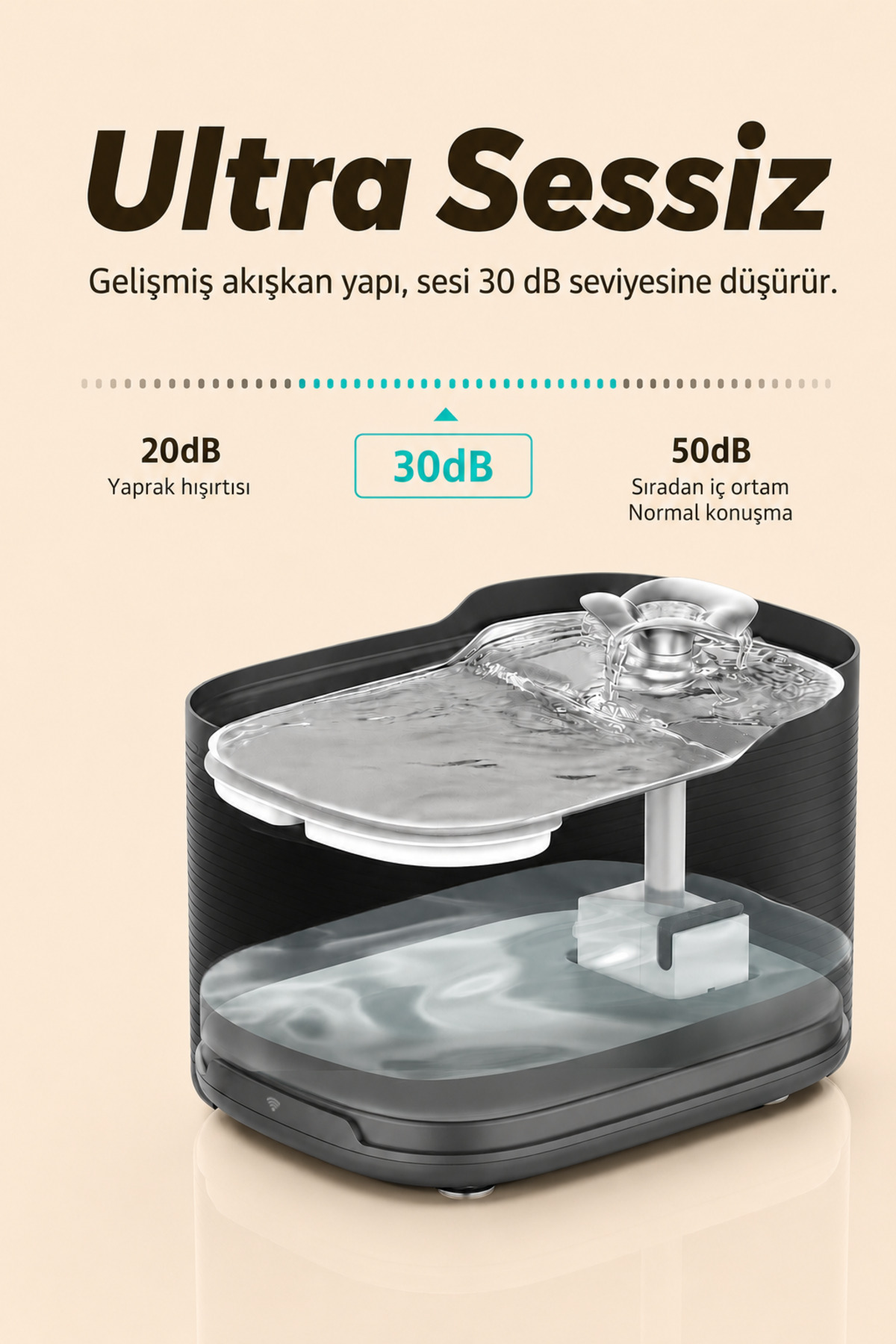 Su akışını ve 30 dB ses seviyesini gösteren siyah evcil hayvan su pınarı şeması.