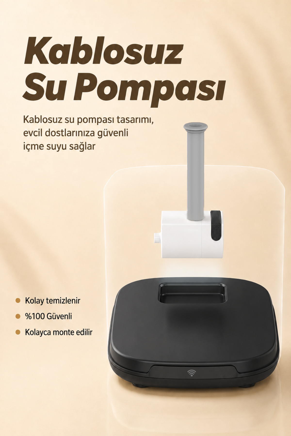 Bej arka planda metin ve ürün parçaları bulunan kablosuz su pompası reklamı.