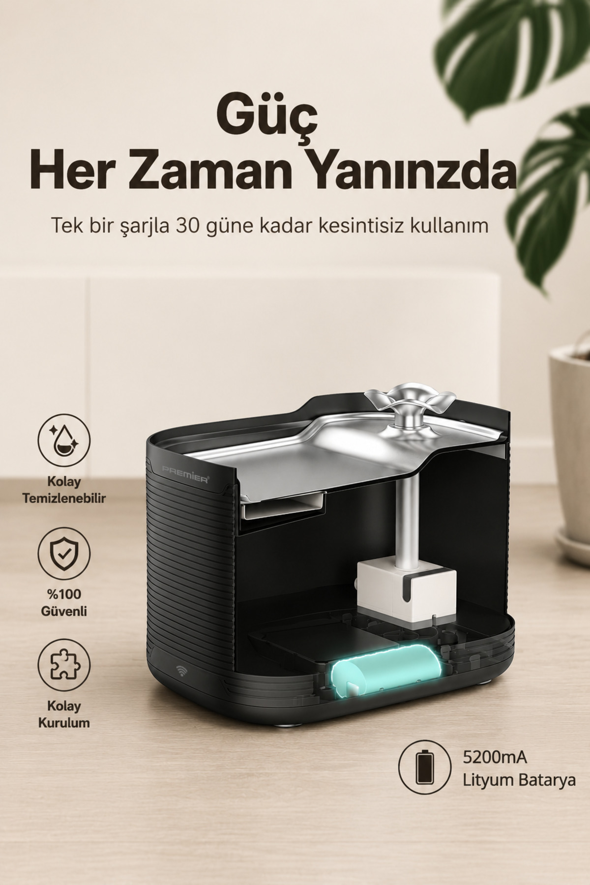 Işıklı bataryaya ve metne sahip siyah evcil hayvan su pınarının kesiti.
