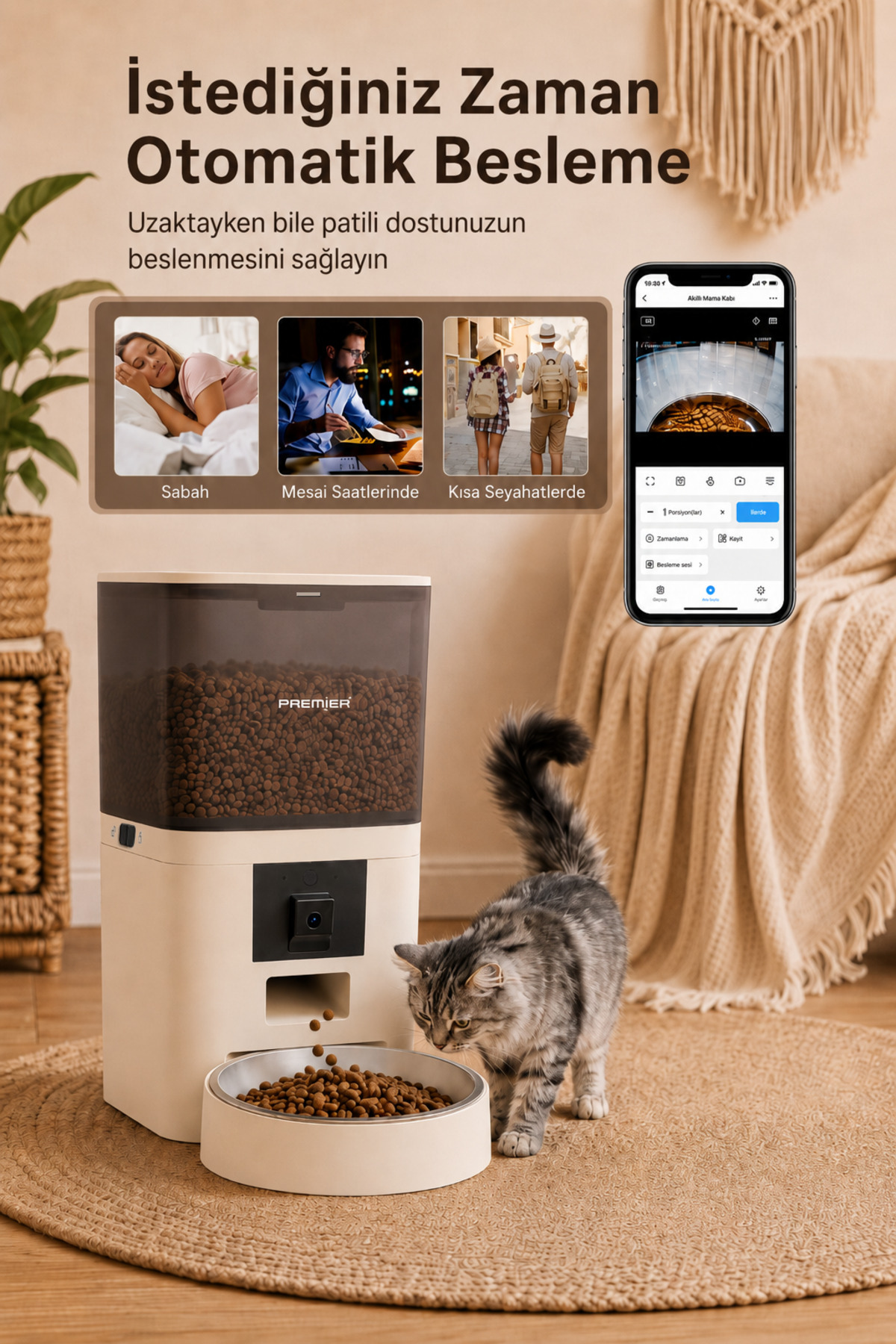 Mamalı otomatik mama kabı, yemek yiyen gri bir kedive uygulama gösteren bir telefon.