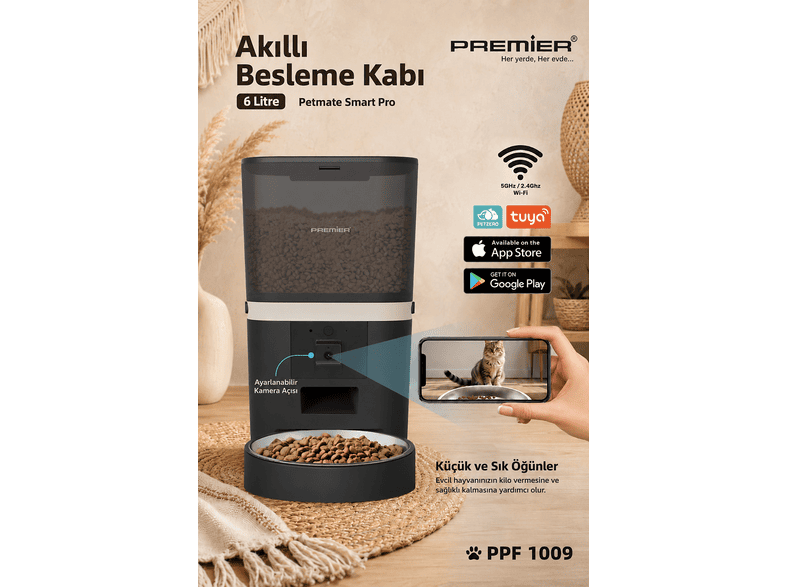 PREMIER PPF 1009 Wi-Fi 1080P HD Kameralı 6 l Mobil Uygulama Yemek Programı Manuel Besleme Petmate Smart Pro Akıllı Otomatik Mama Kabı Siyah