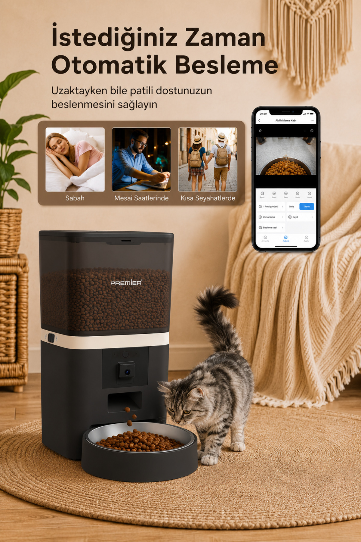 Otomatik bir mama kabı tekir kediye mama verirken, yanında akıllı telefon uygulaması görülüyor.
