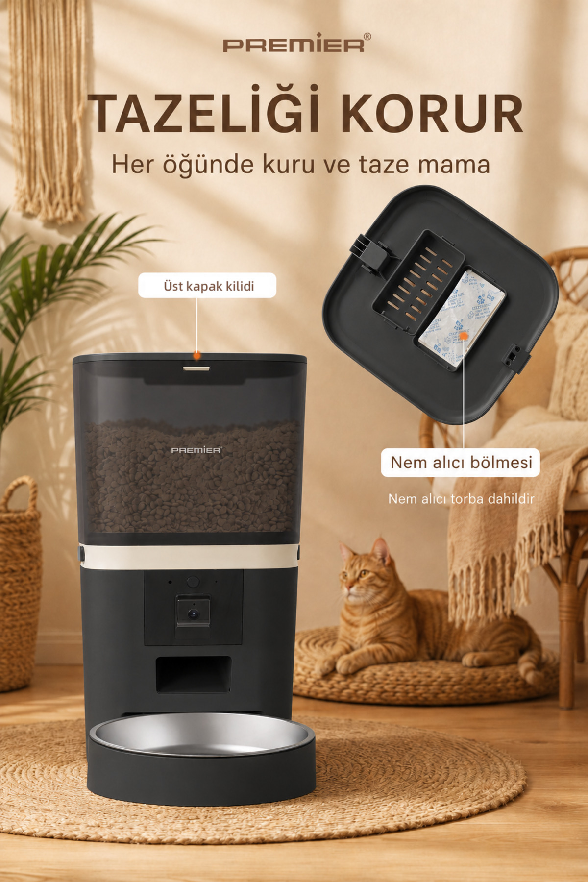 Kamera, kuru mama haznesi ve metal kaseye sahip otomatik mama kabı. Arkada bir kedi dinleniyor.