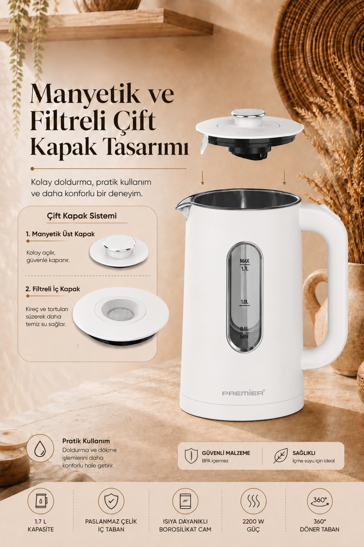 Bej arka planda çıkarılabilir kapaklı ve özellik infografikli beyaz elektrikli su ısıtıcısının promosyon görseli.