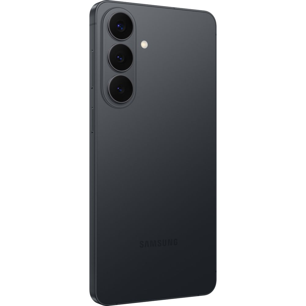 Vista posteriore di uno smartphone Samsung scuro con tripla fotocamera verticale e logo Samsung.
