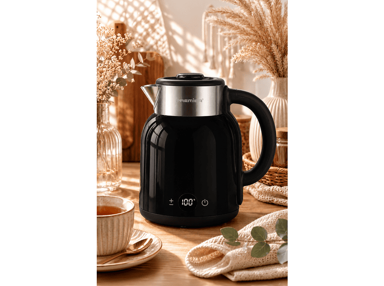 PREMIER PRK 2516E Paslanmaz Çelik Hazneli Dijital Göstergeli Su Isıtıcısı Cool Touch 1.5 l Kettle Siyah