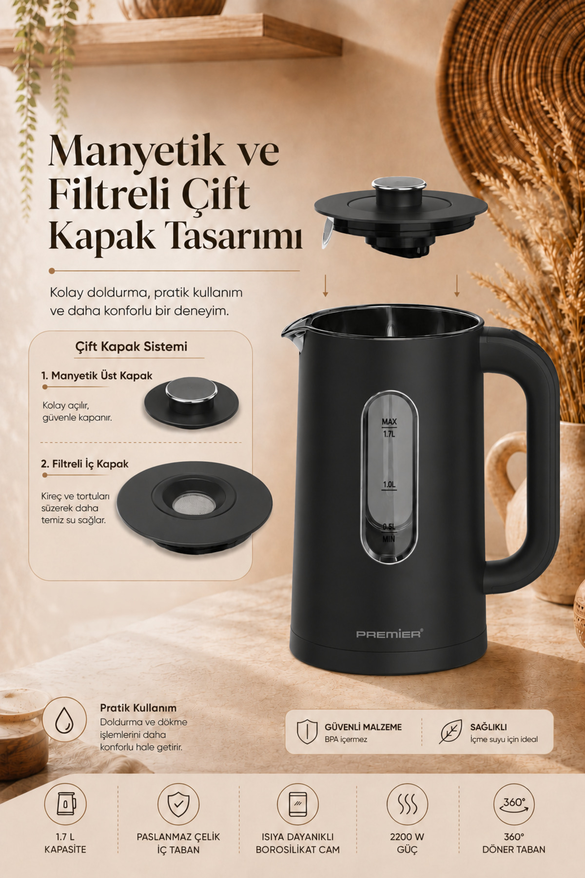 Çıkarılabilir kapaklı, su seviye göstergeli siyah elektrikli su ısıtıcısı ve açıklayıcı metinler.