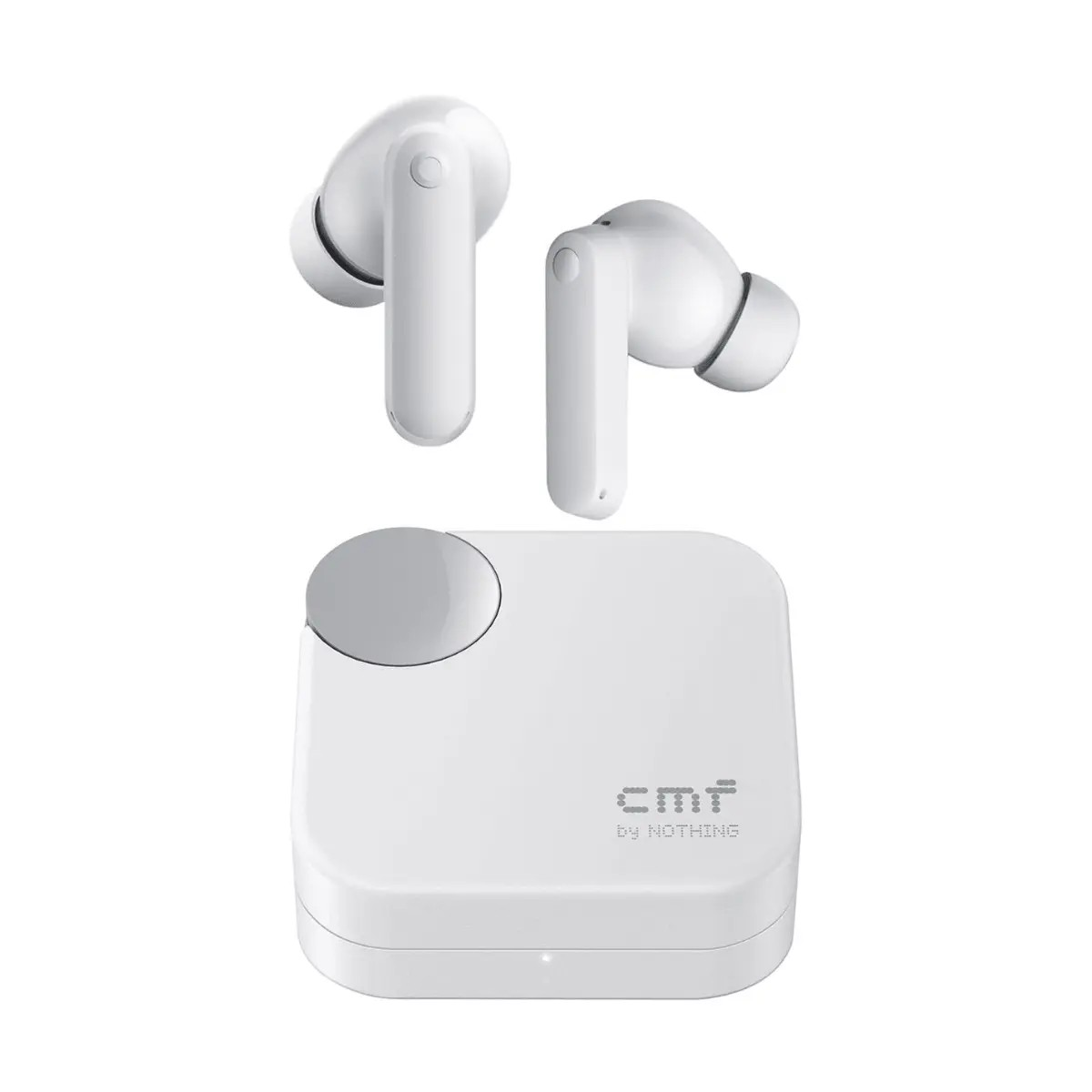 Weiße CMF by Nothing In-Ear-Kopfhörer mit Ladecase auf weißem Hintergrund.